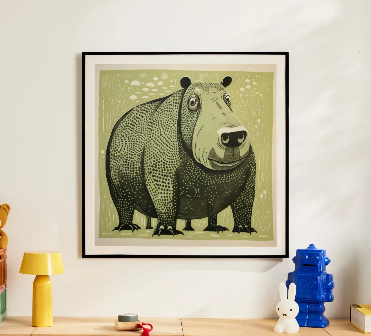 Ippopotamo verde 2 poster con telaio in alluminio da Minimal Animal Art