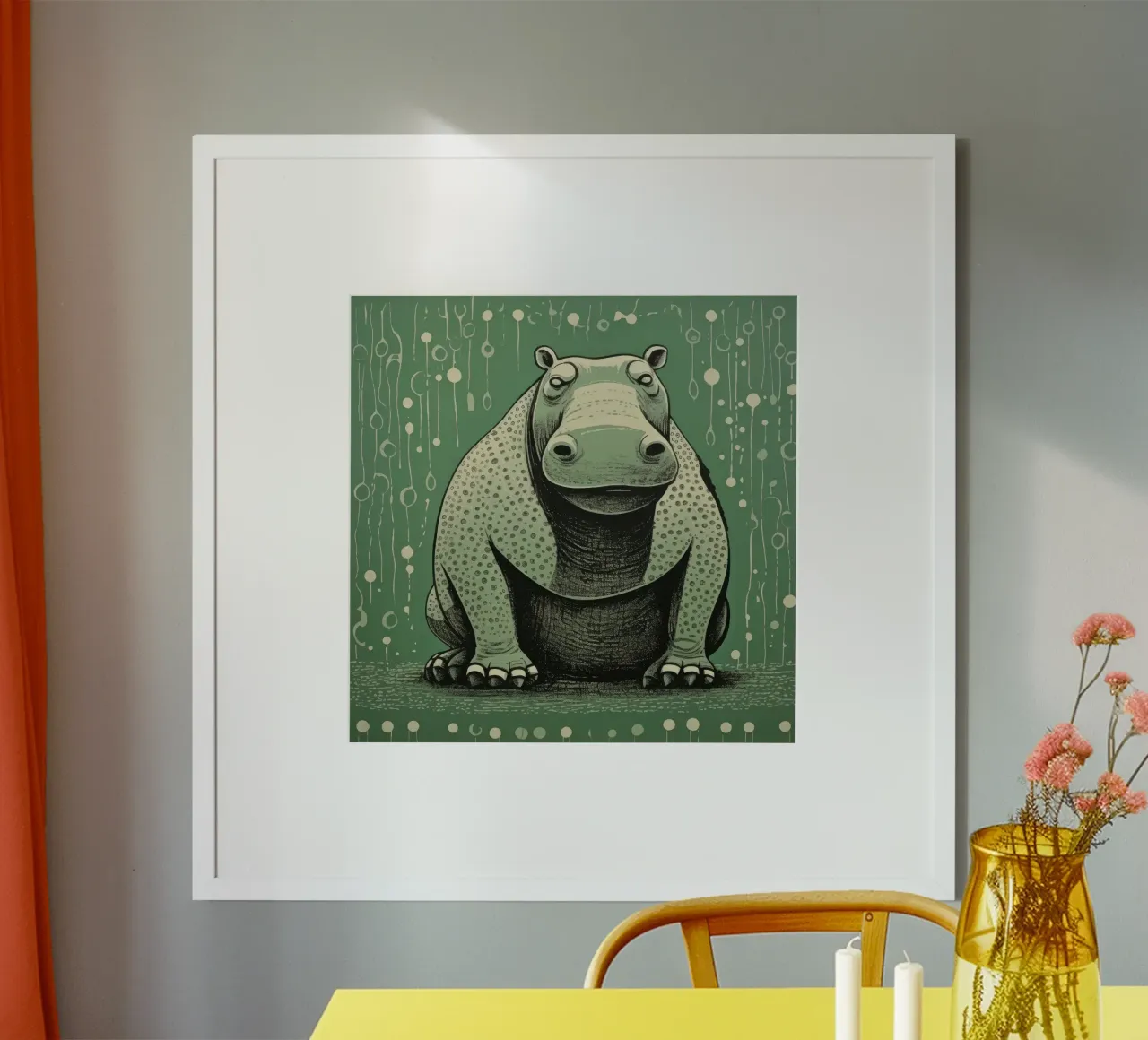 Ippopotamo verde 4 poster con telaio in alluminio da Minimal Animal Art