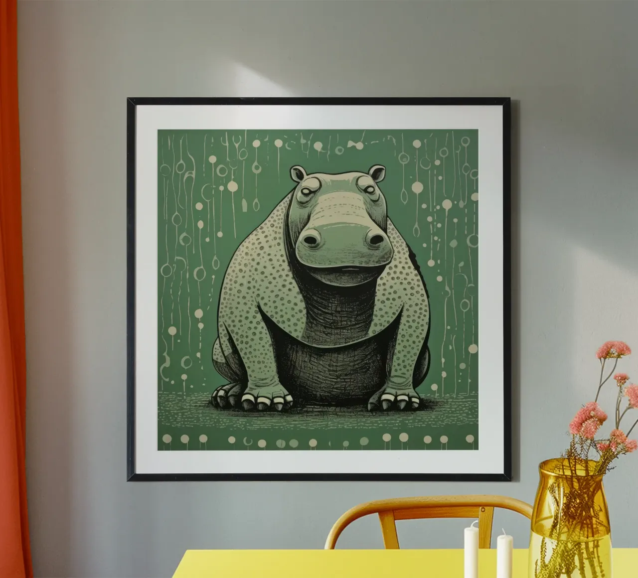 Ippopotamo verde 4 poster con telaio in alluminio da Minimal Animal Art
