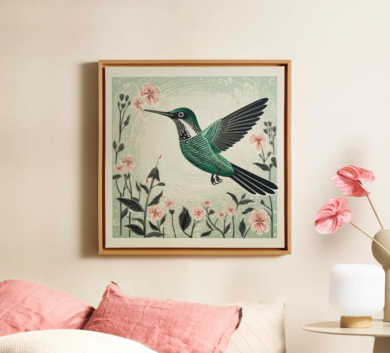 Groene kolibrie 3 canvas met Baklijst van Minimal Animal Art
