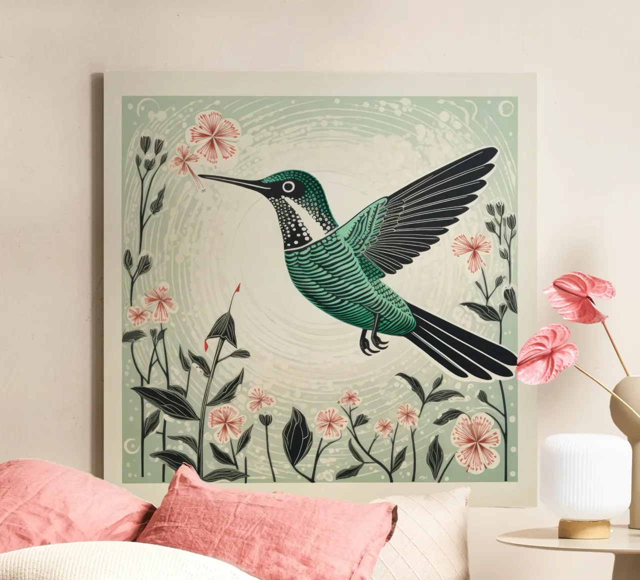 Groene kolibrie 3 canvas met Baklijst van Minimal Animal Art