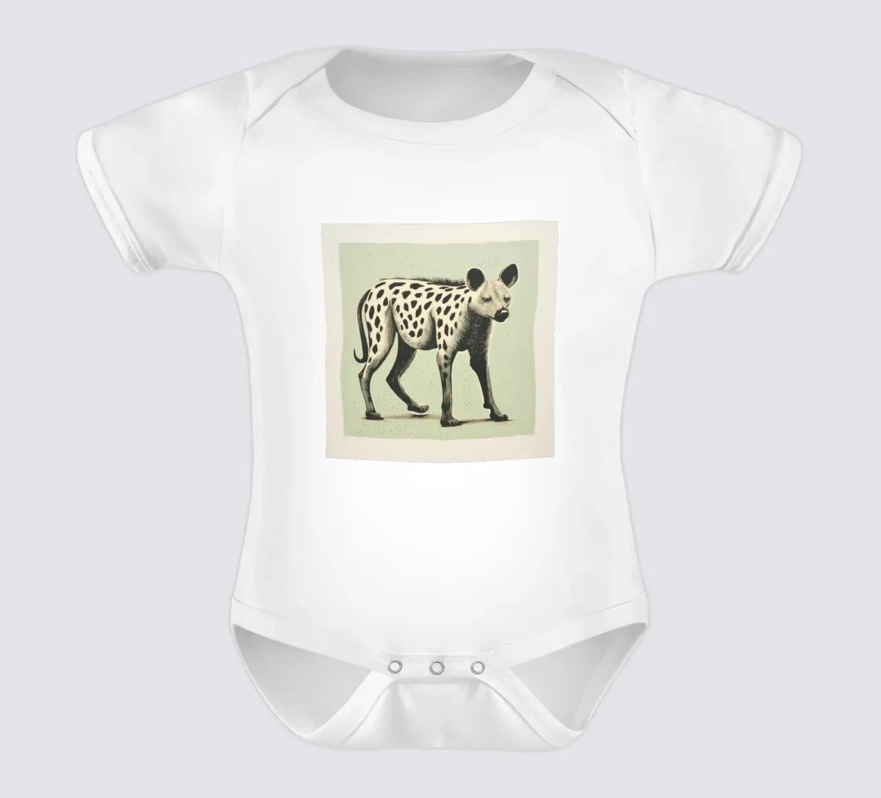 Green Hyena 1 short-sleeve baby romper by Minimal Animal Art