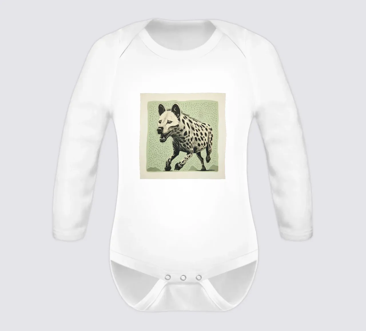 Green Hyena 2 long-sleeve baby romper by Minimal Animal Art