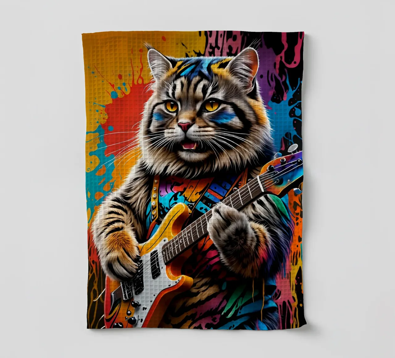 Manul cat play guitar tea towel by MakArena