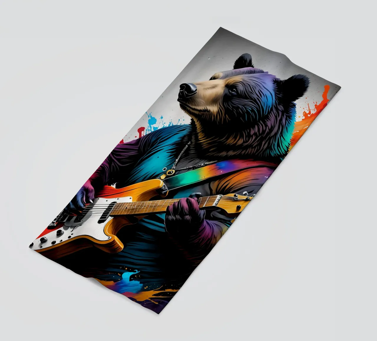 Bear playing guitar beach towel by MakArena