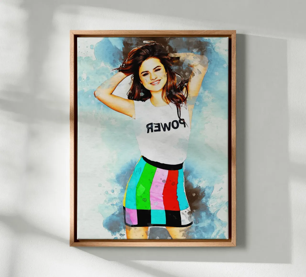 Macchia di ritratto Selena Gomez tela con Cornice a cassetta da Gunawan Rb