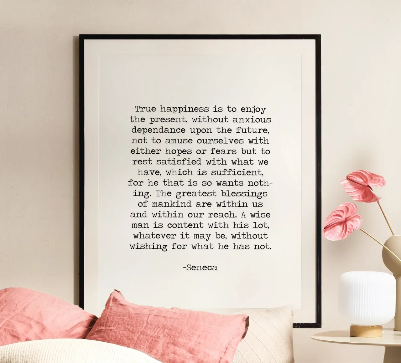Saggezza stoica Famoso ispiratore di Seneca Citazione in bianco e nero poster con telaio in alluminio da Summer Soul Co. - Quotes