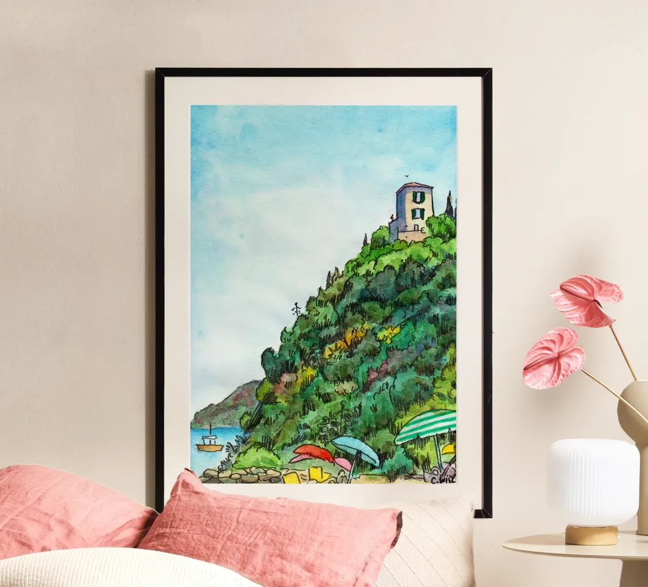 Spiaggia in Italia, Cala Civette poster con telaio in legno da C.WILL