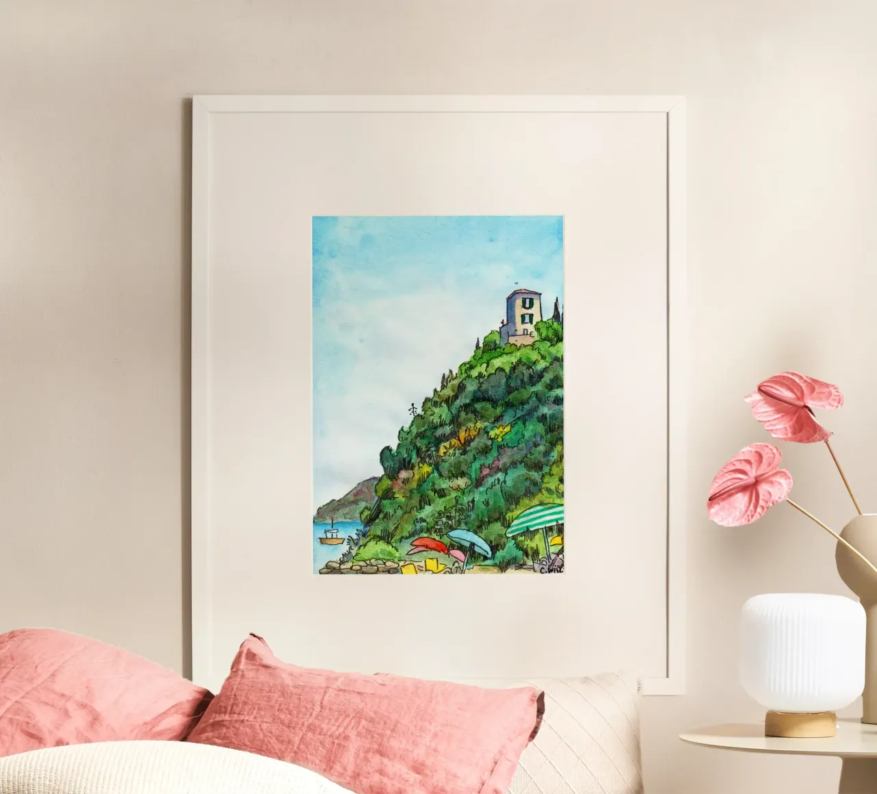 Spiaggia in Italia, Cala Civette poster con telaio in legno da C.WILL
