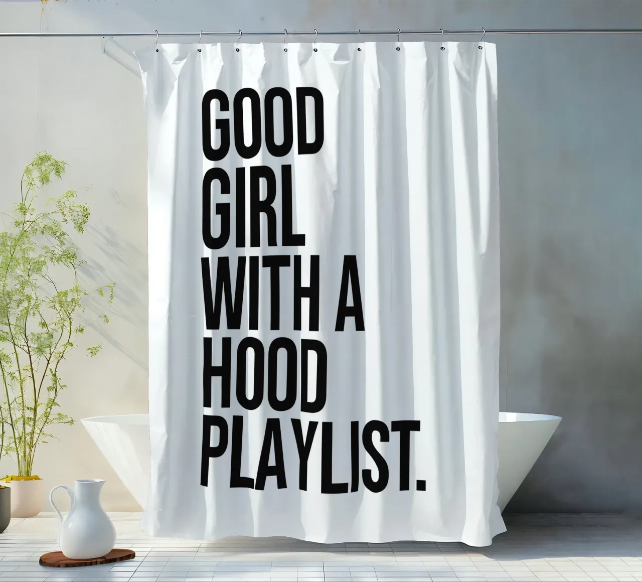 Una brava ragazza con una playlist per il quartiere tenda da doccia da Paigaam Studio