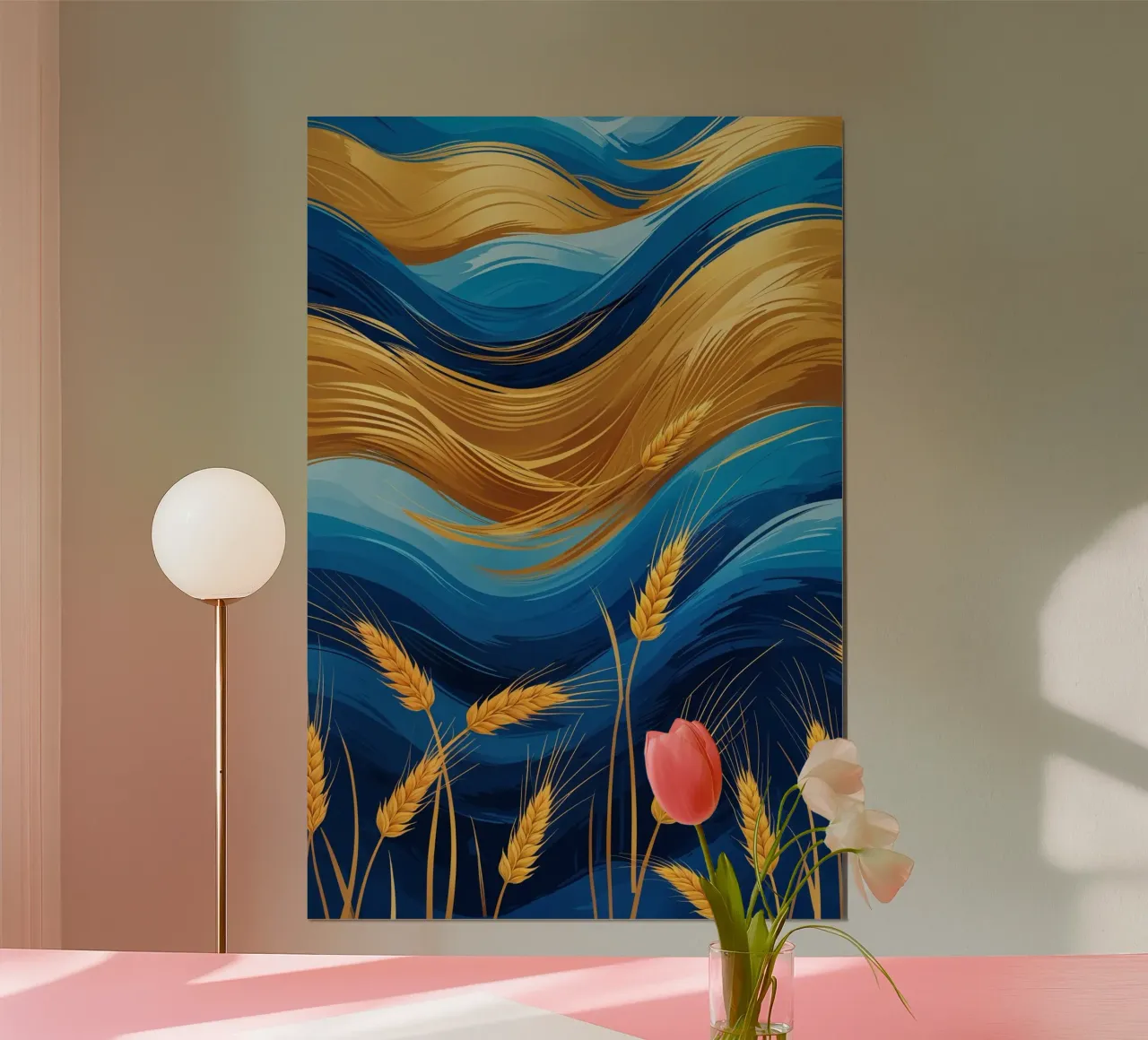 Harmony in Golden Wheat and Vibrant Blue Waves poster da AlbertKlee