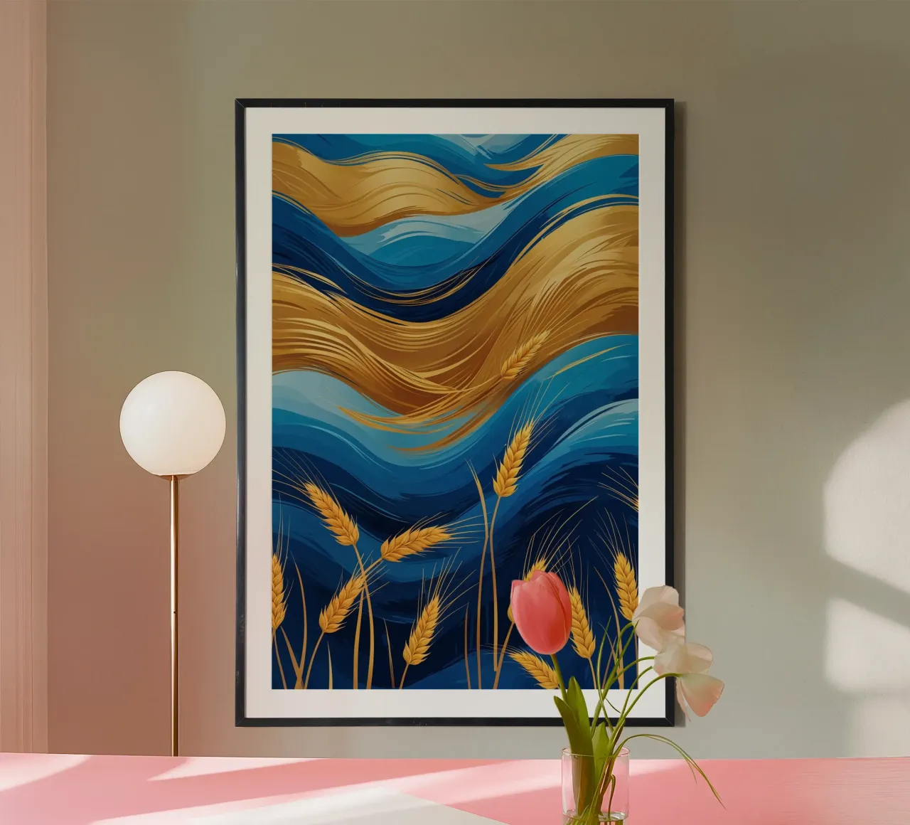 Harmony in Golden Wheat and Vibrant Blue Waves poster da AlbertKlee