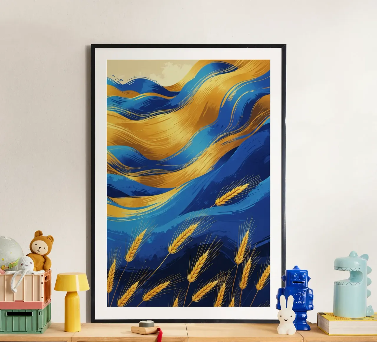Dynamic Blue and Gold Wheat Landscape poster con telaio in plastica da AlbertKlee