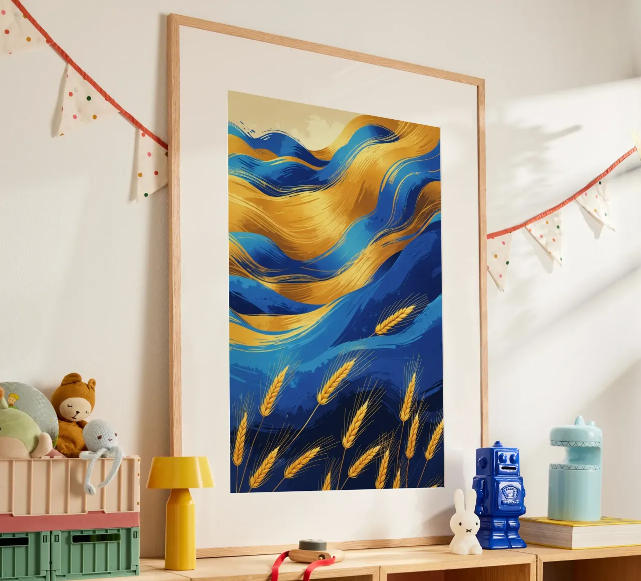 Dynamic Blue and Gold Wheat Landscape poster con telaio in plastica da AlbertKlee