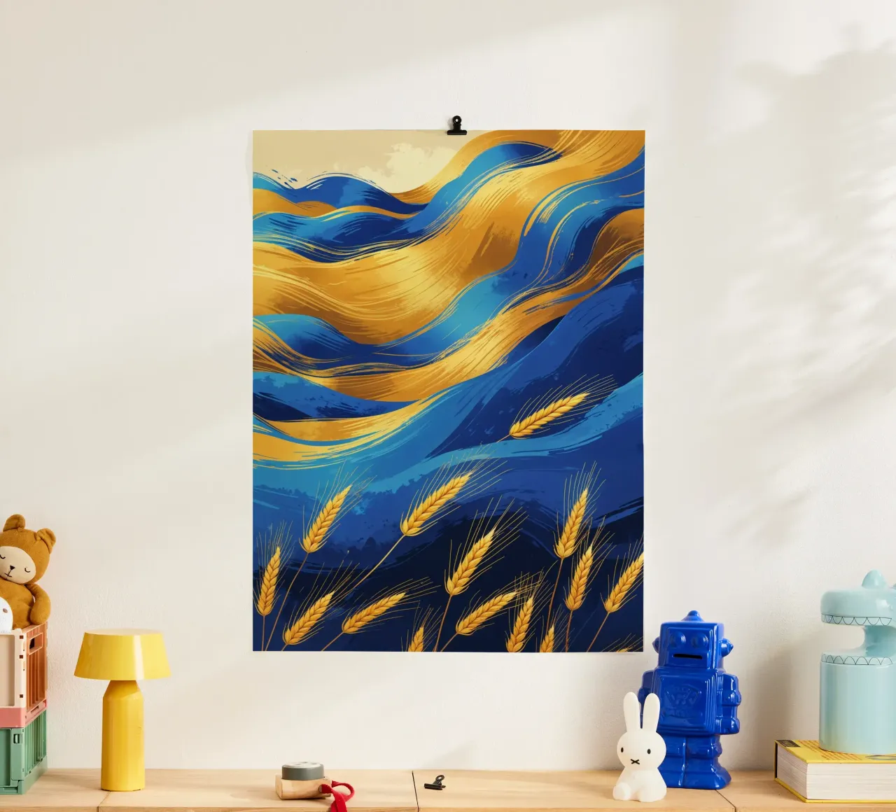 Dynamic Blue and Gold Wheat Landscape poster con telaio in plastica da AlbertKlee