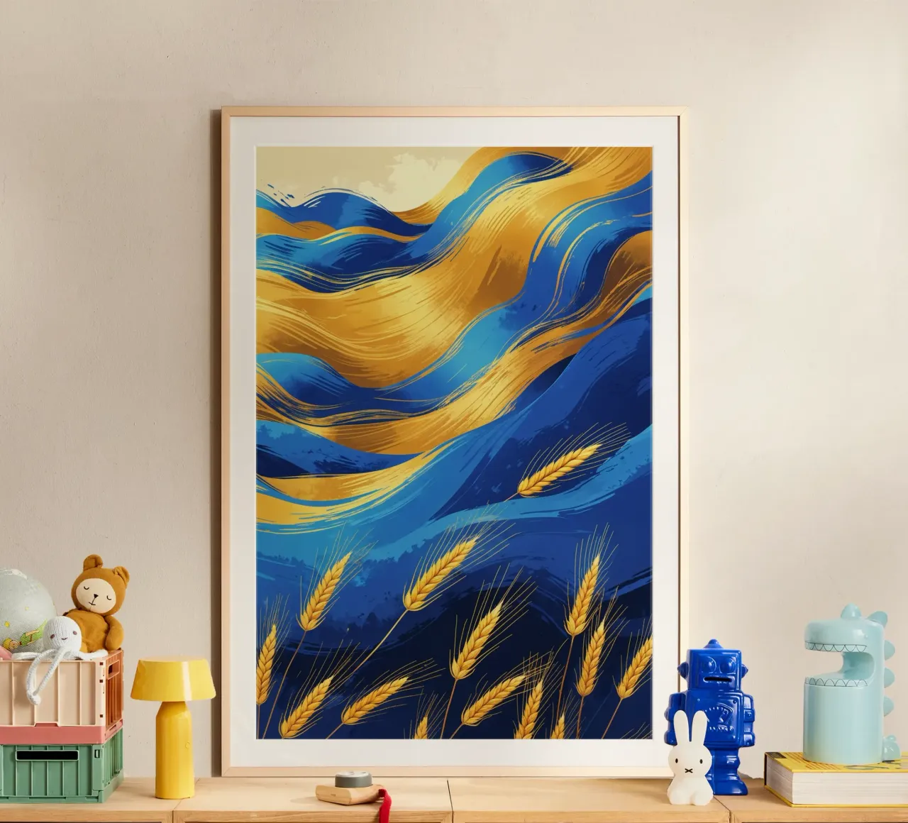 Dynamic Blue and Gold Wheat Landscape poster con telaio in plastica da AlbertKlee