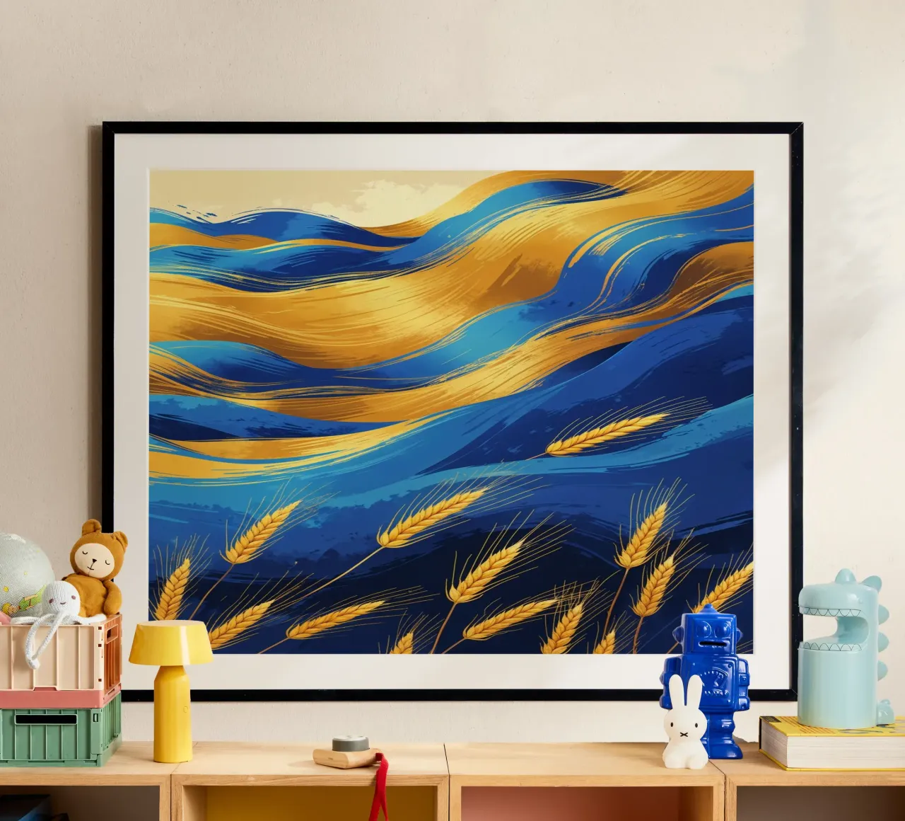 Dynamic Blue and Gold Wheat Landscape poster con telaio in plastica da AlbertKlee