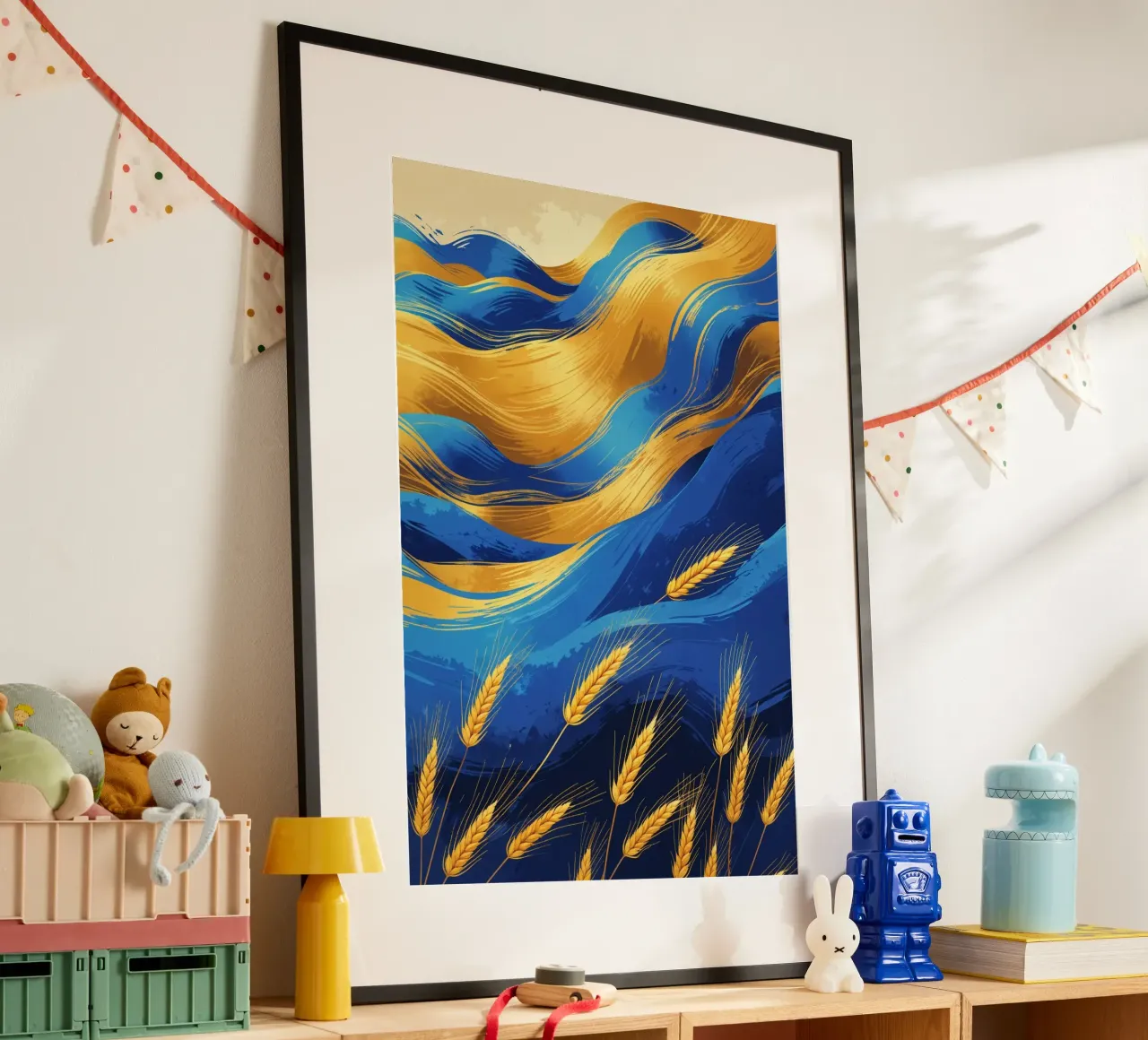 Dynamic Blue and Gold Wheat Landscape poster con telaio in plastica da AlbertKlee
