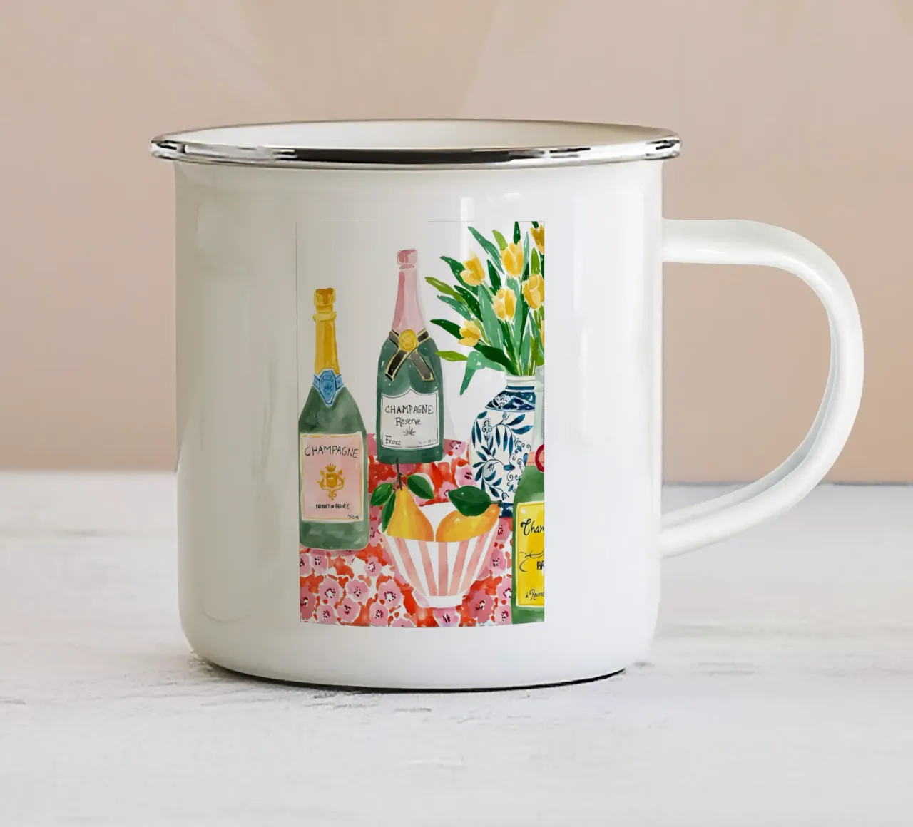 Champagne Whimsical Wall Art, poster di frutta ad acquerello tazza in smalto da Bella Studio