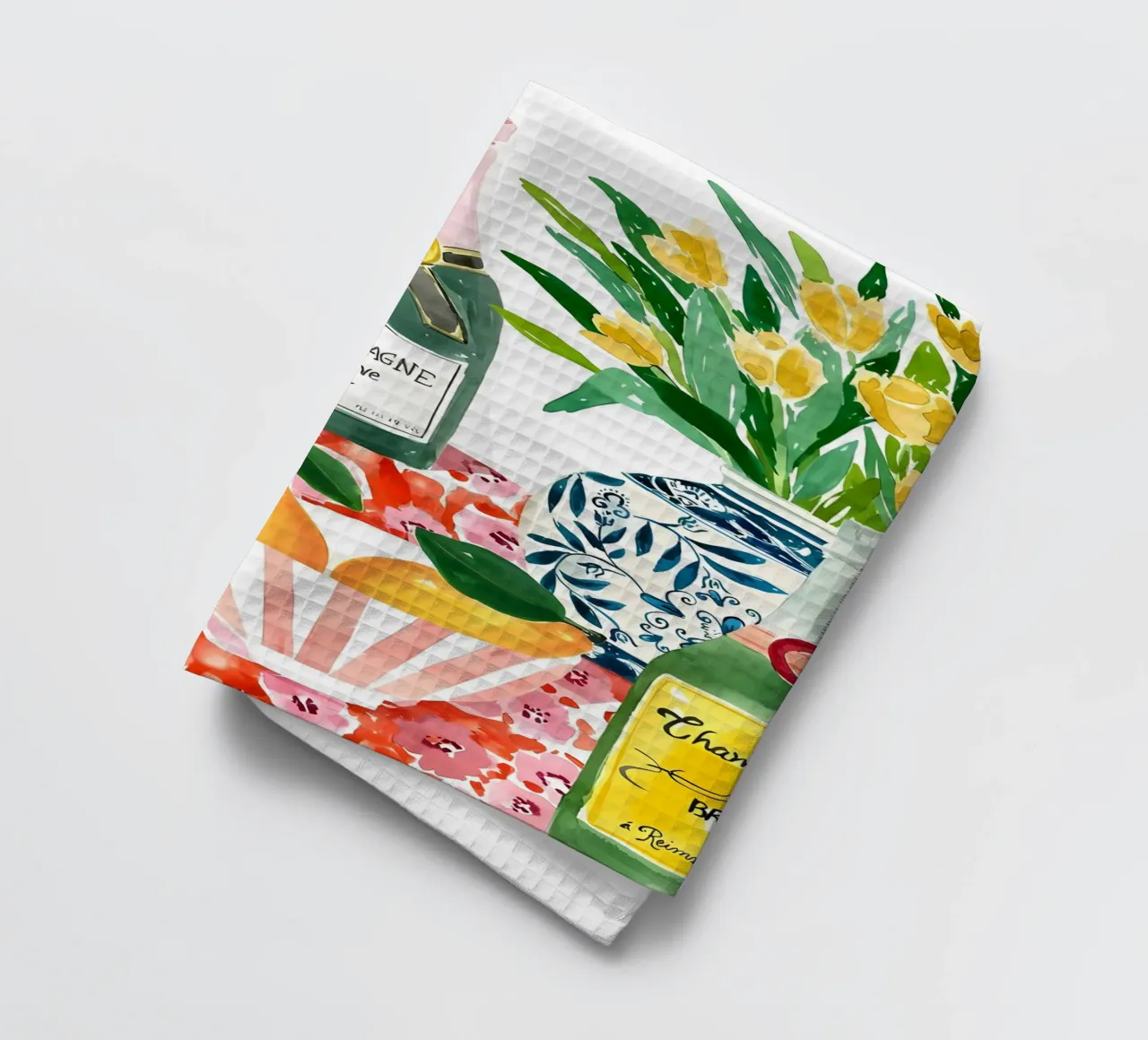 Champagne Whimsical Wall Art, Watercolour Fruit Poster tea towel by Bella Studio