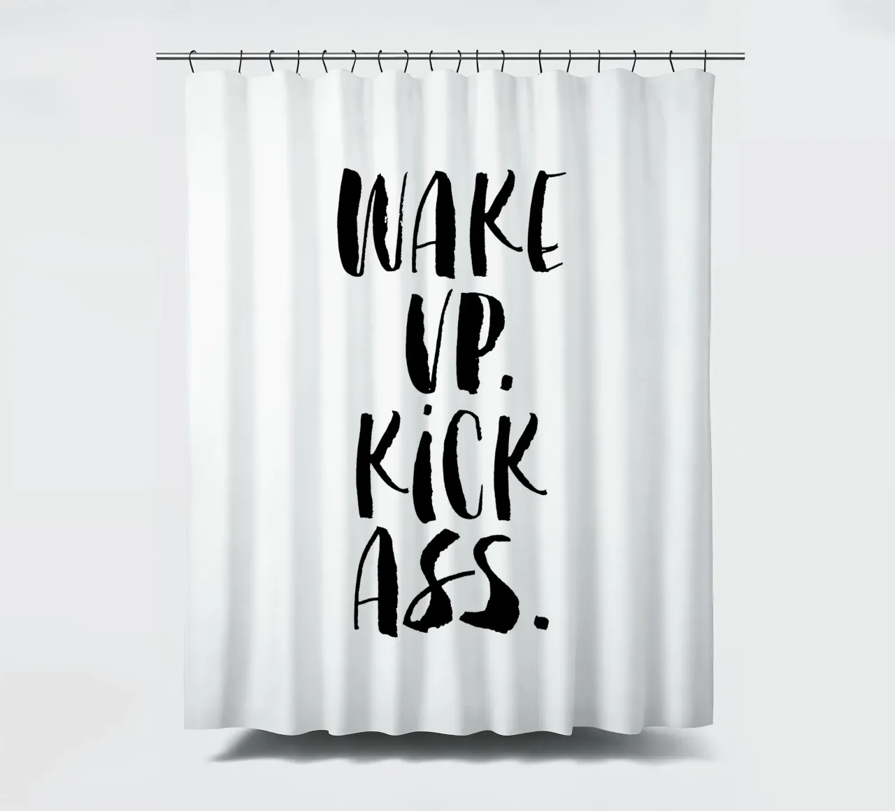 Wake Up Kick Ass: design tipografico in bianco e nero tenda da doccia da THE MOTIVATED TYPE