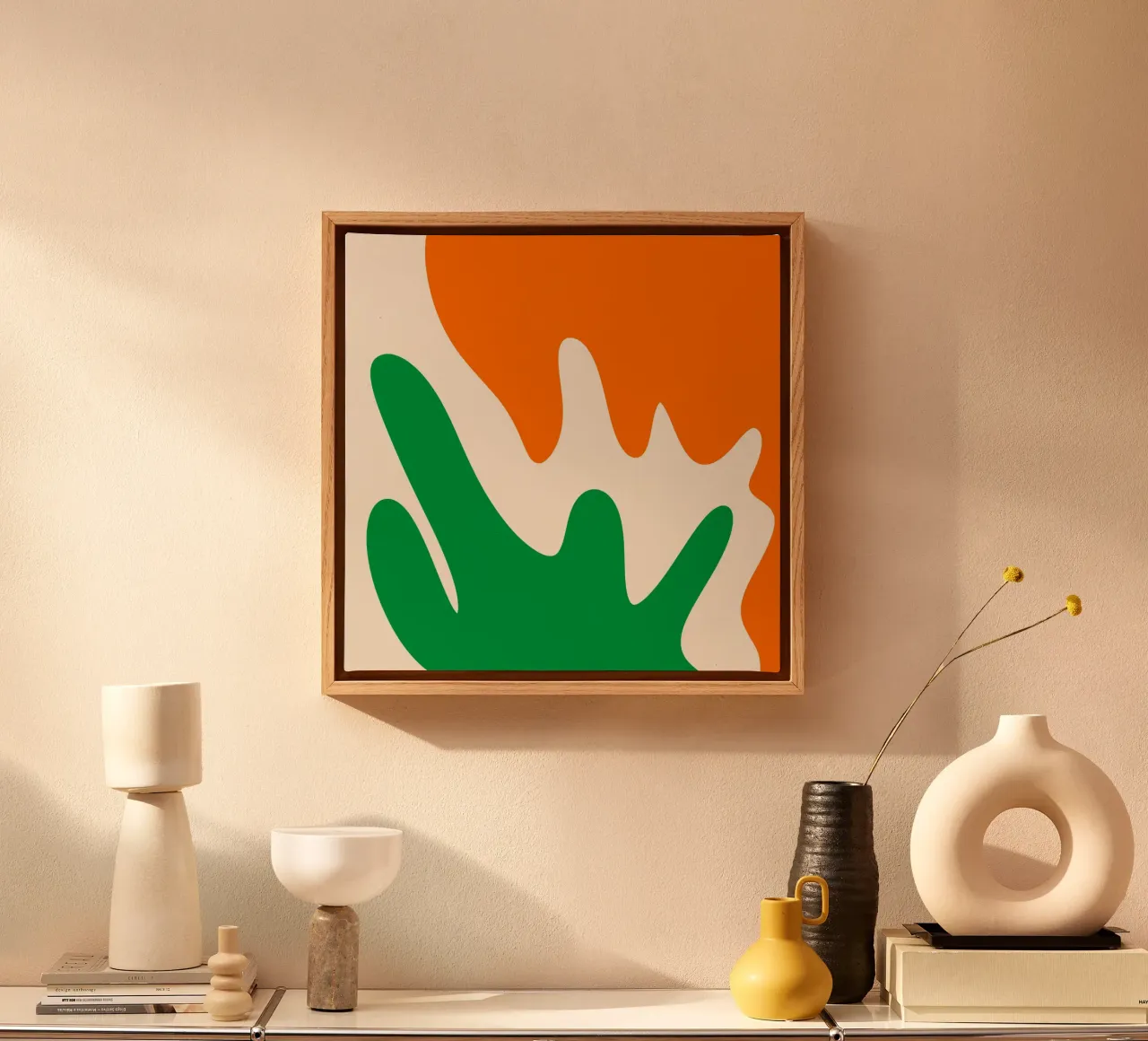 Abstracte moderne vormen - oranje, groen, crème canvas met Baklijst van Wackapacka