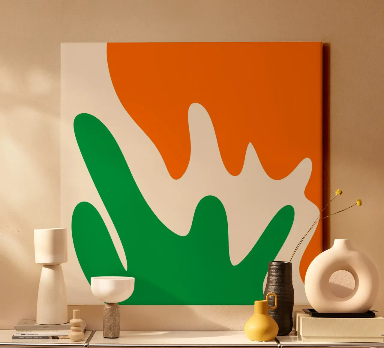 Abstracte moderne vormen - oranje, groen, crème canvas met Baklijst van Wackapacka