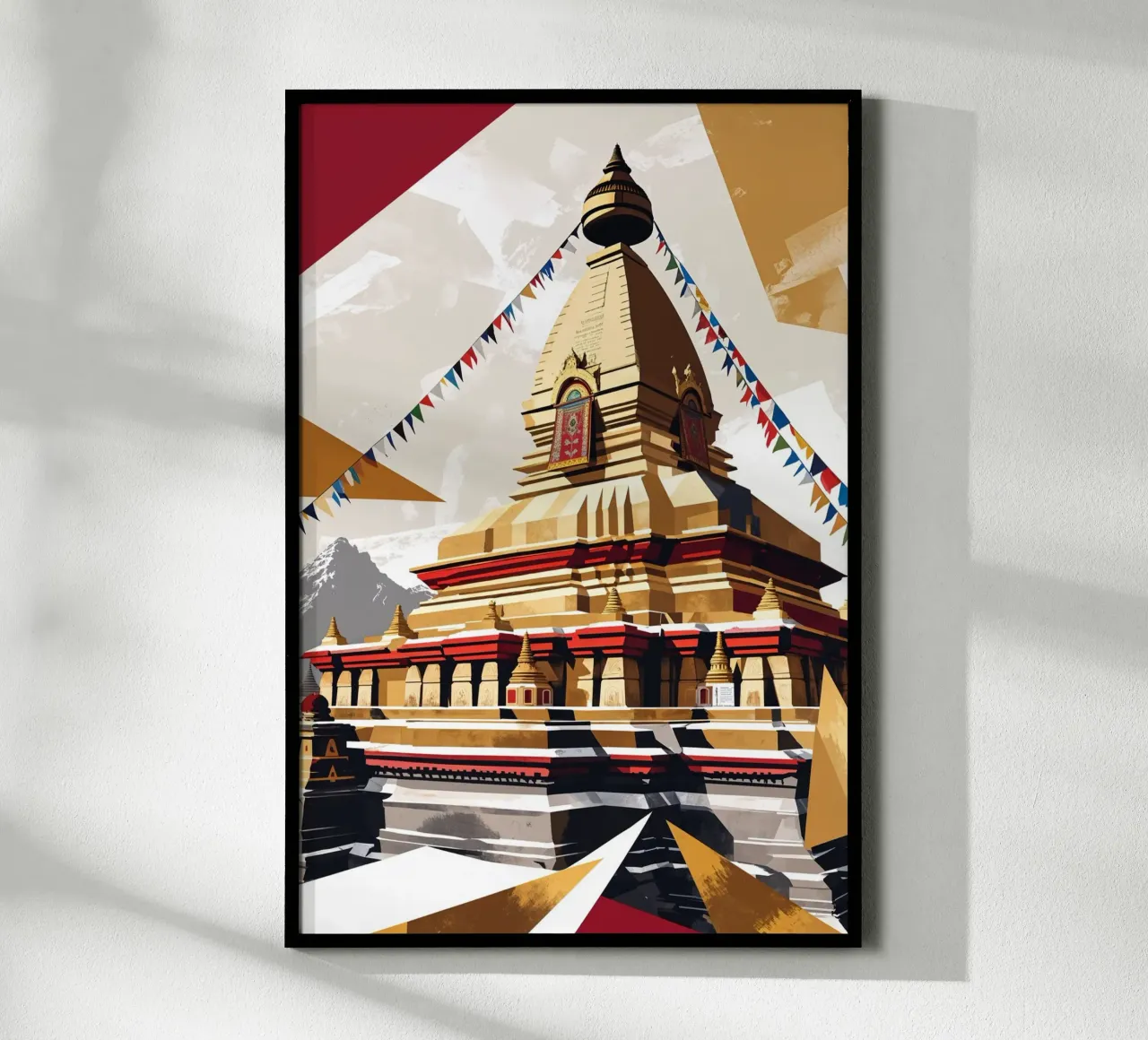 Golden Geometric Stupa with Vibrant Flags hahnemühle de AlbertKlee
