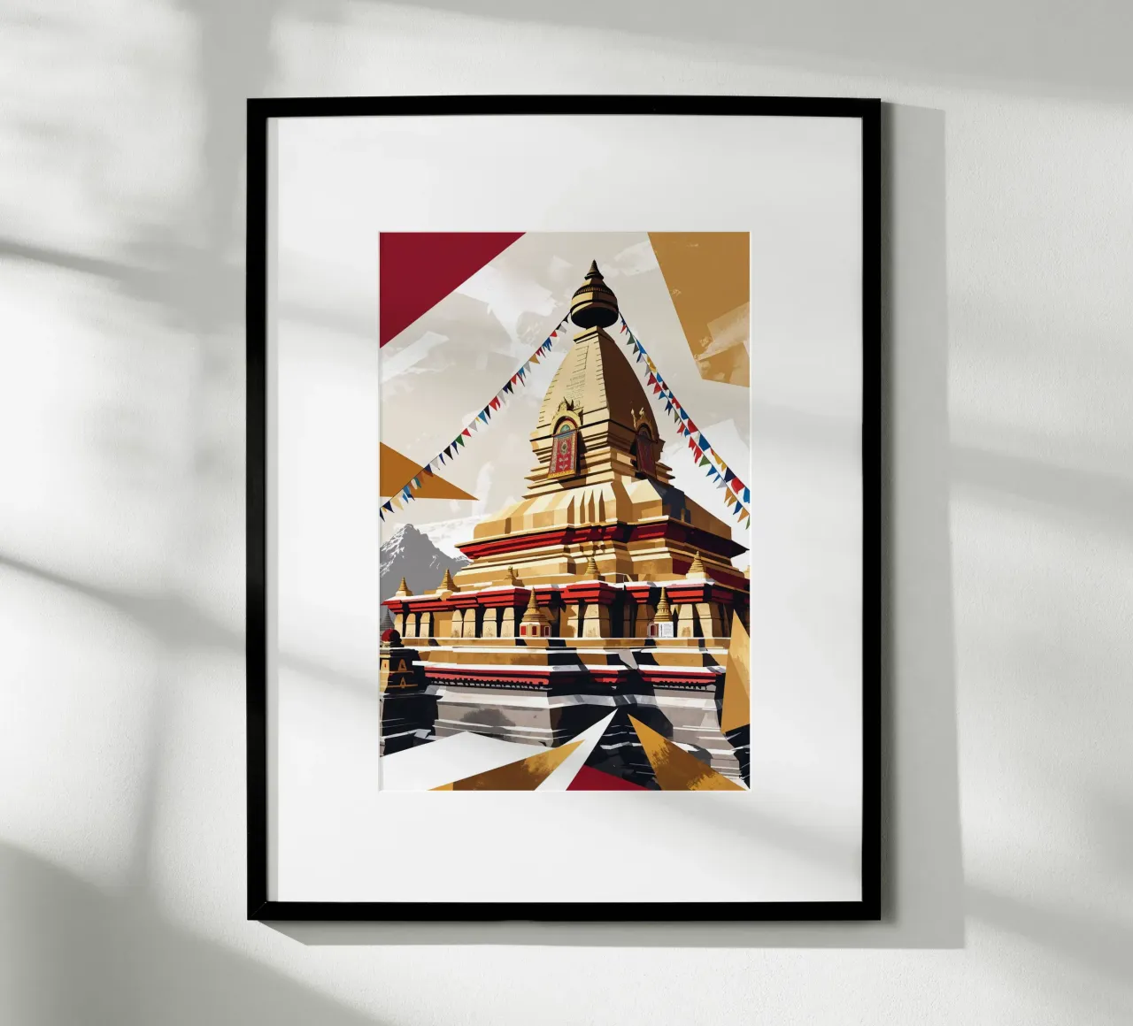 Golden Geometric Stupa with Vibrant Flags poster da AlbertKlee