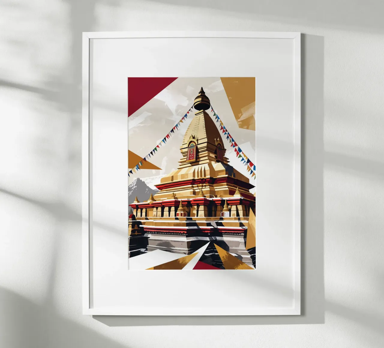 Golden Geometric Stupa with Vibrant Flags hahnemühle de AlbertKlee