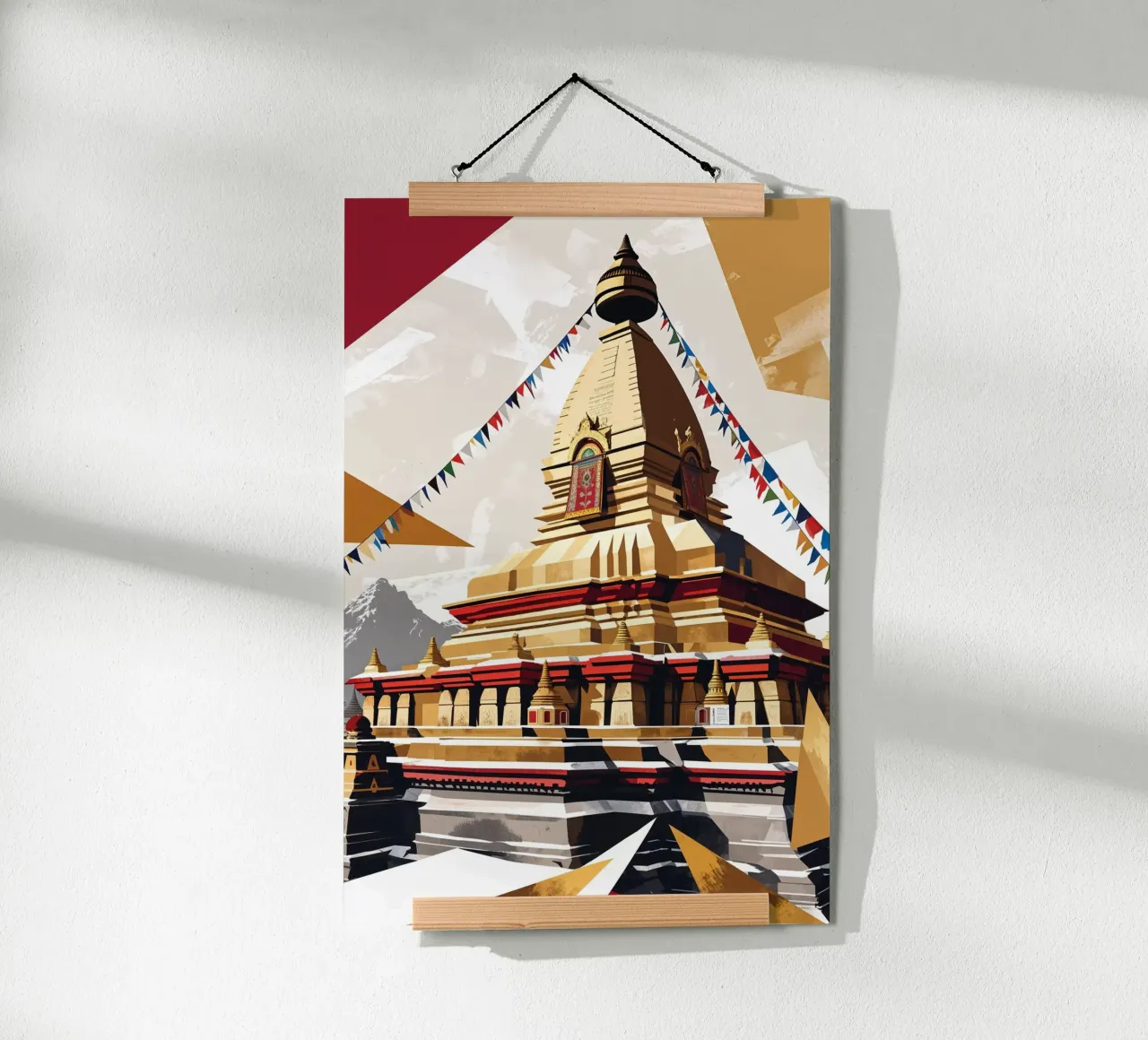 Golden Geometric Stupa with Vibrant Flags hahnemühle de AlbertKlee