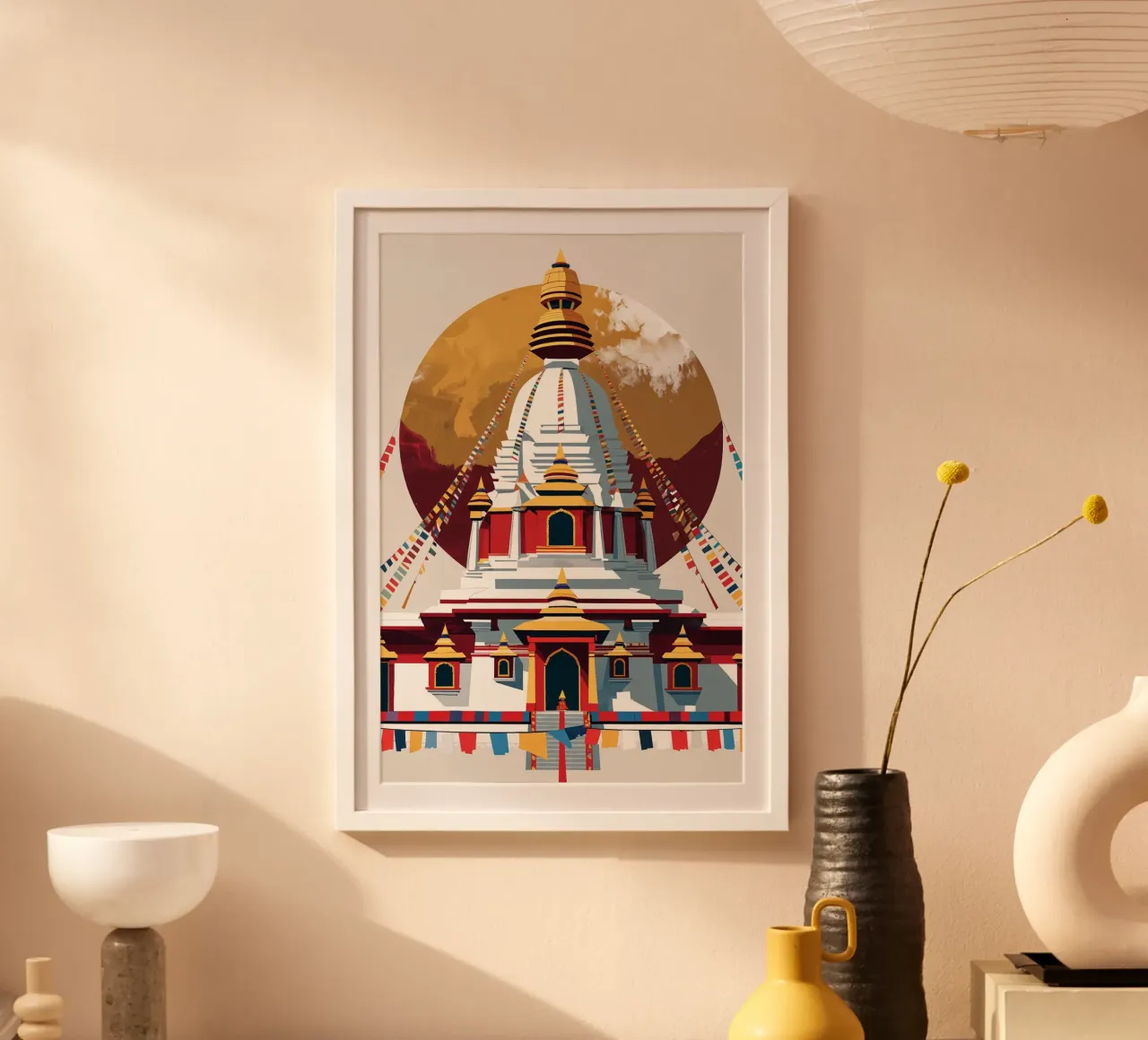 Abstract Nepalese Stupa Amid Prayer Flags poster con telaio in alluminio da AlbertKlee
