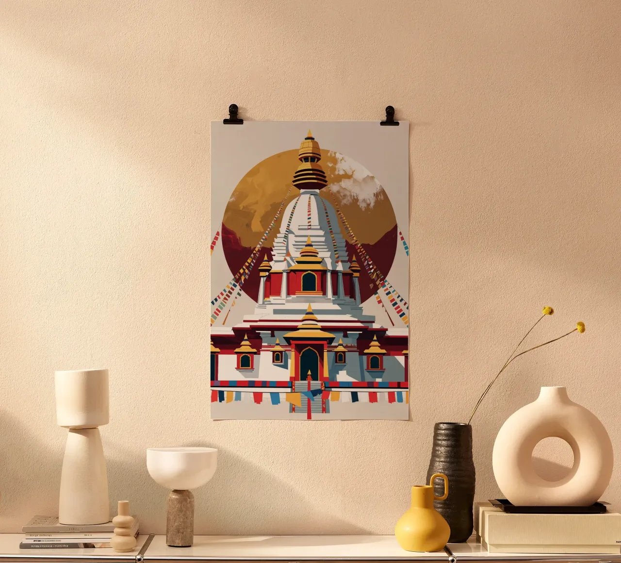 Abstract Nepalese Stupa Amid Prayer Flags poster con telaio in alluminio da AlbertKlee