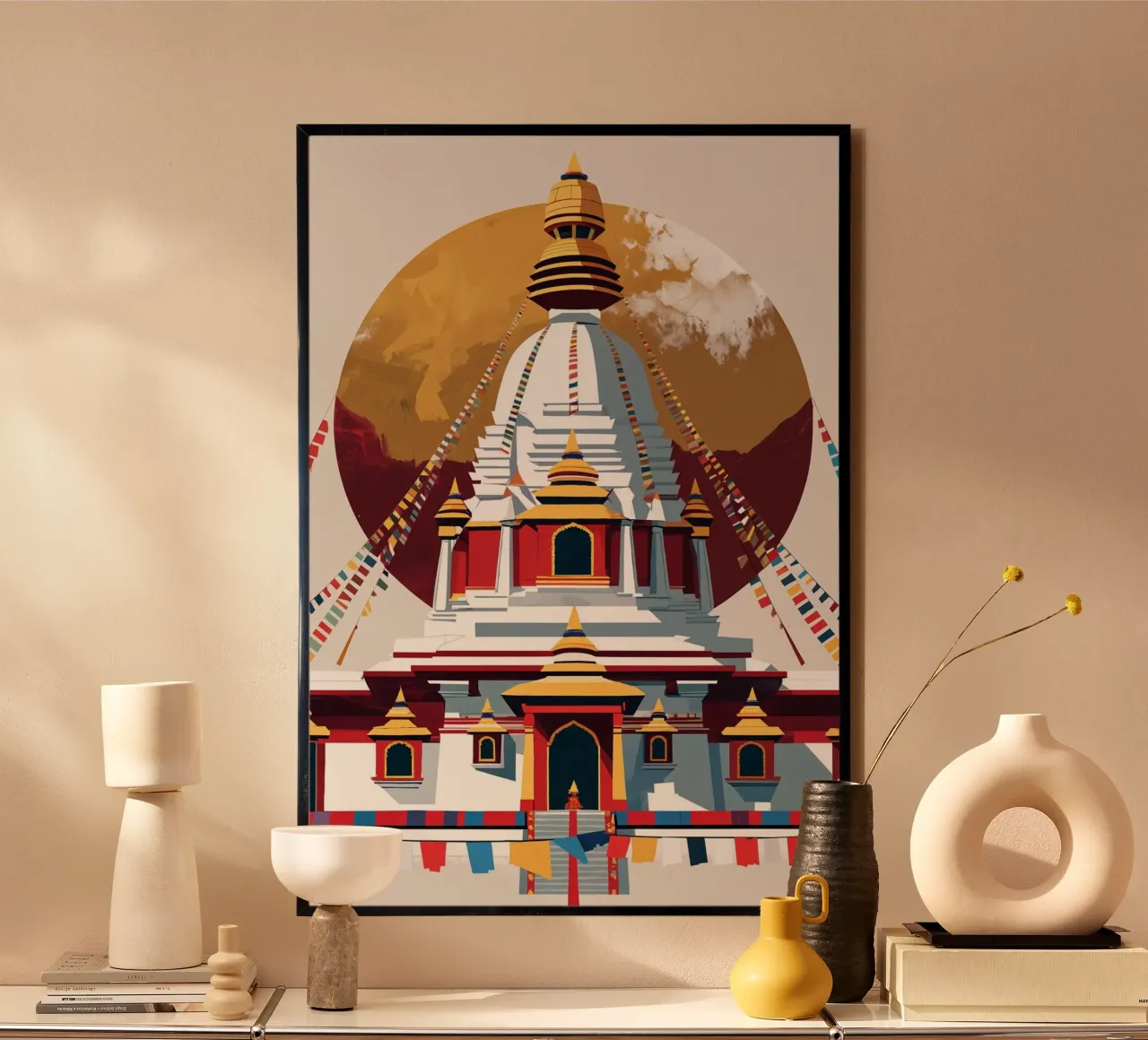 Abstract Nepalese Stupa Amid Prayer Flags poster con telaio in alluminio da AlbertKlee