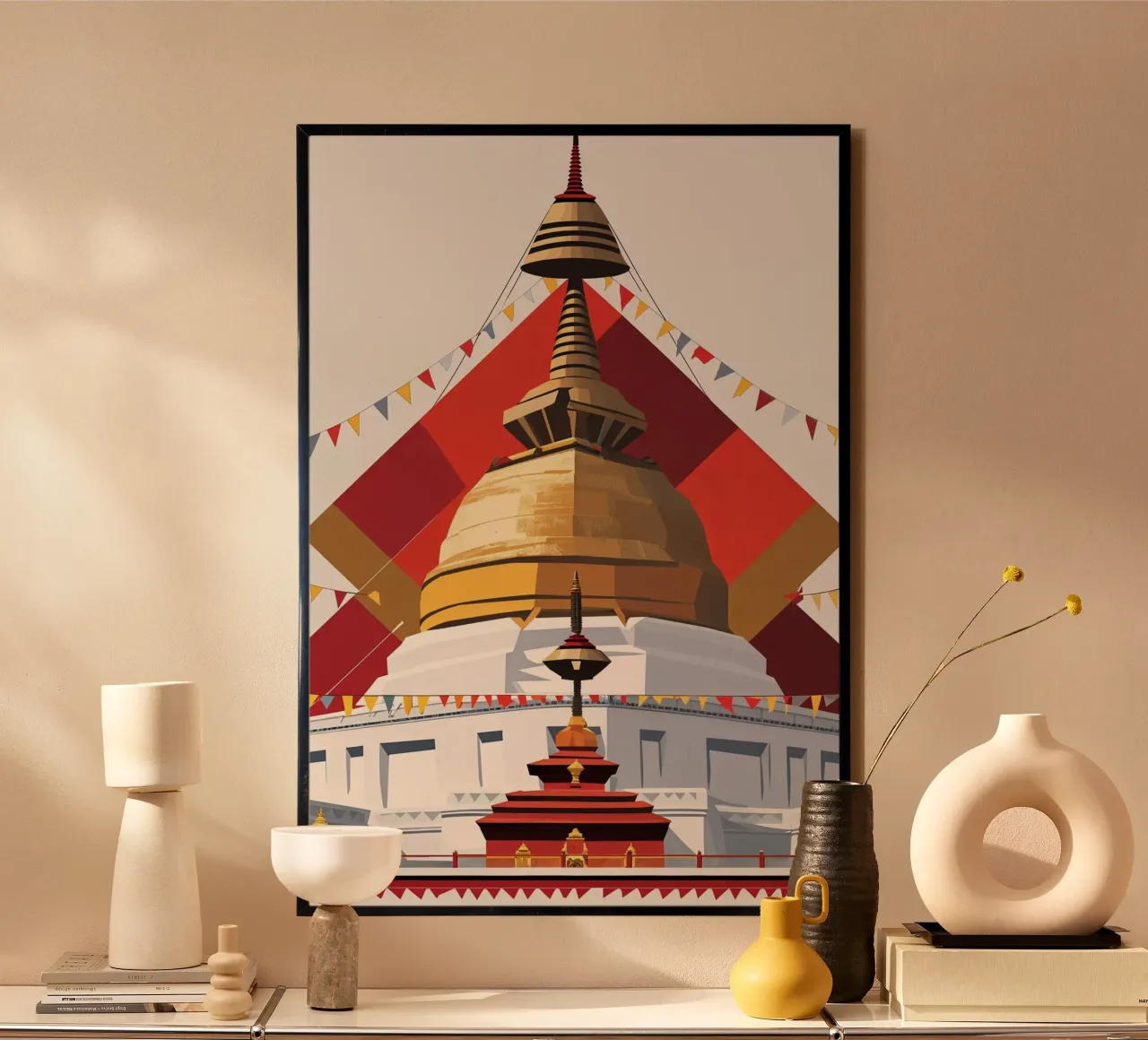 Golden Stupa with Sacred Geometry poster con telaio in alluminio da AlbertKlee