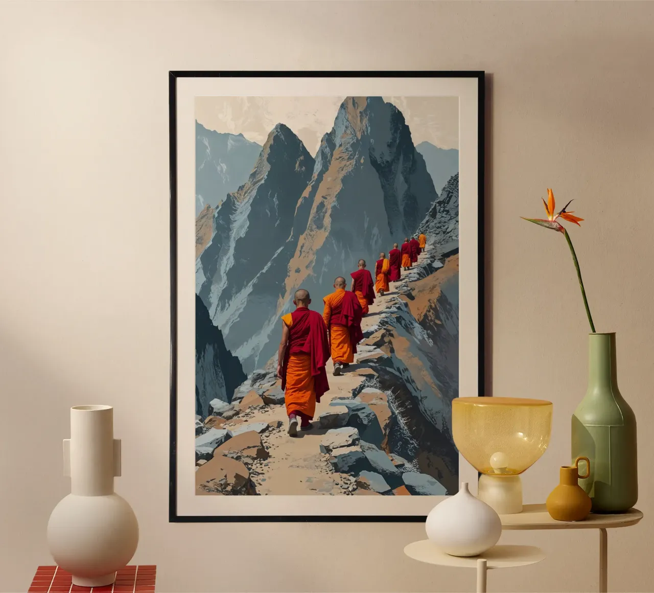 Nepalese Monks Traversing the Himalayan Path poster con telaio in alluminio da AlbertKlee