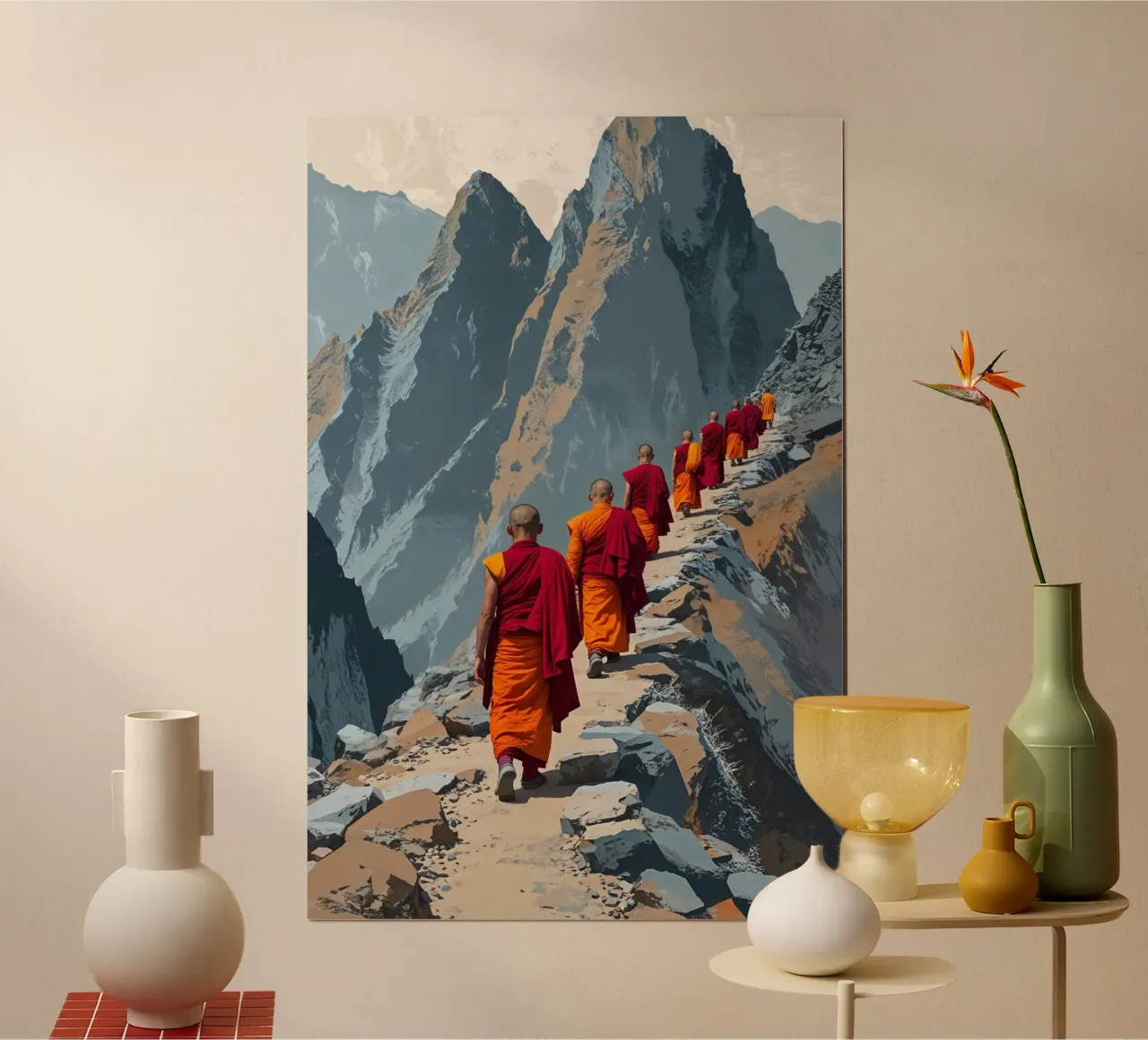 Nepalese Monks Traversing the Himalayan Path poster con telaio in alluminio da AlbertKlee