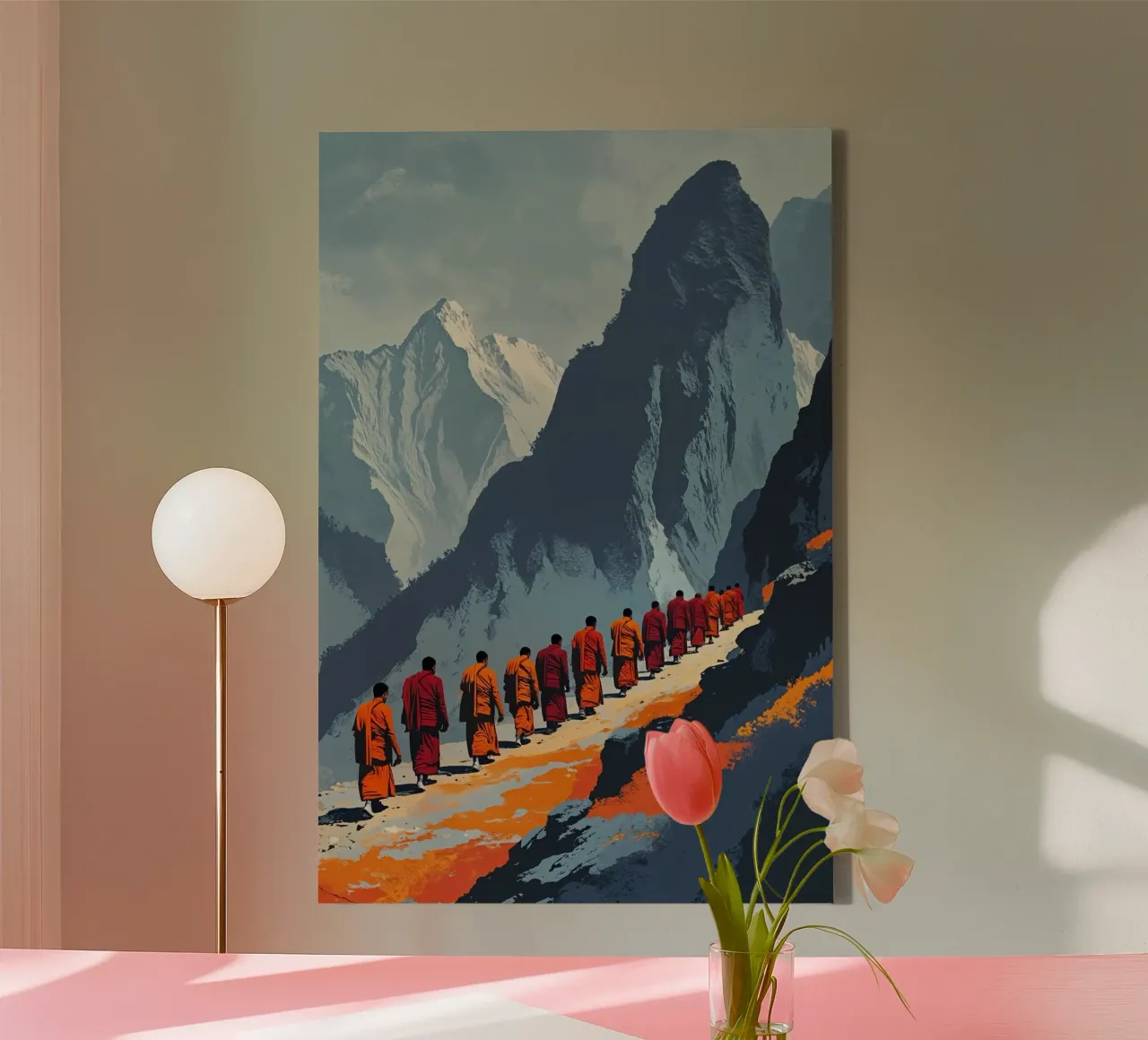Himalayan Monks in Contemplative Ascent canvas met Baklijst van AlbertKlee