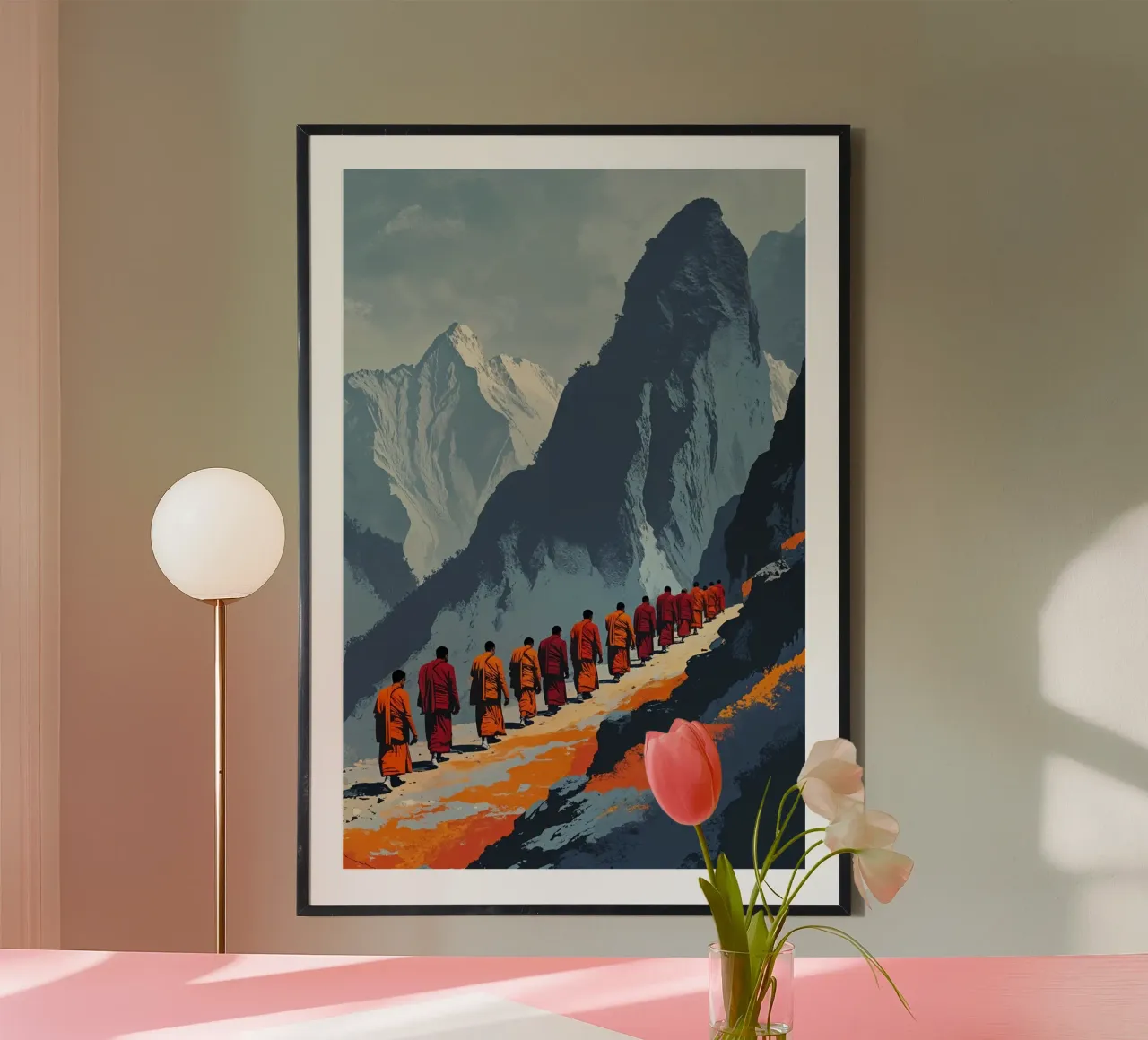 Himalayan Monks in Contemplative Ascent poster con telaio in alluminio da AlbertKlee