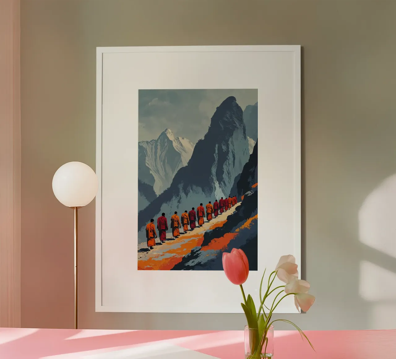 Himalayan Monks in Contemplative Ascent poster con telaio in alluminio da AlbertKlee