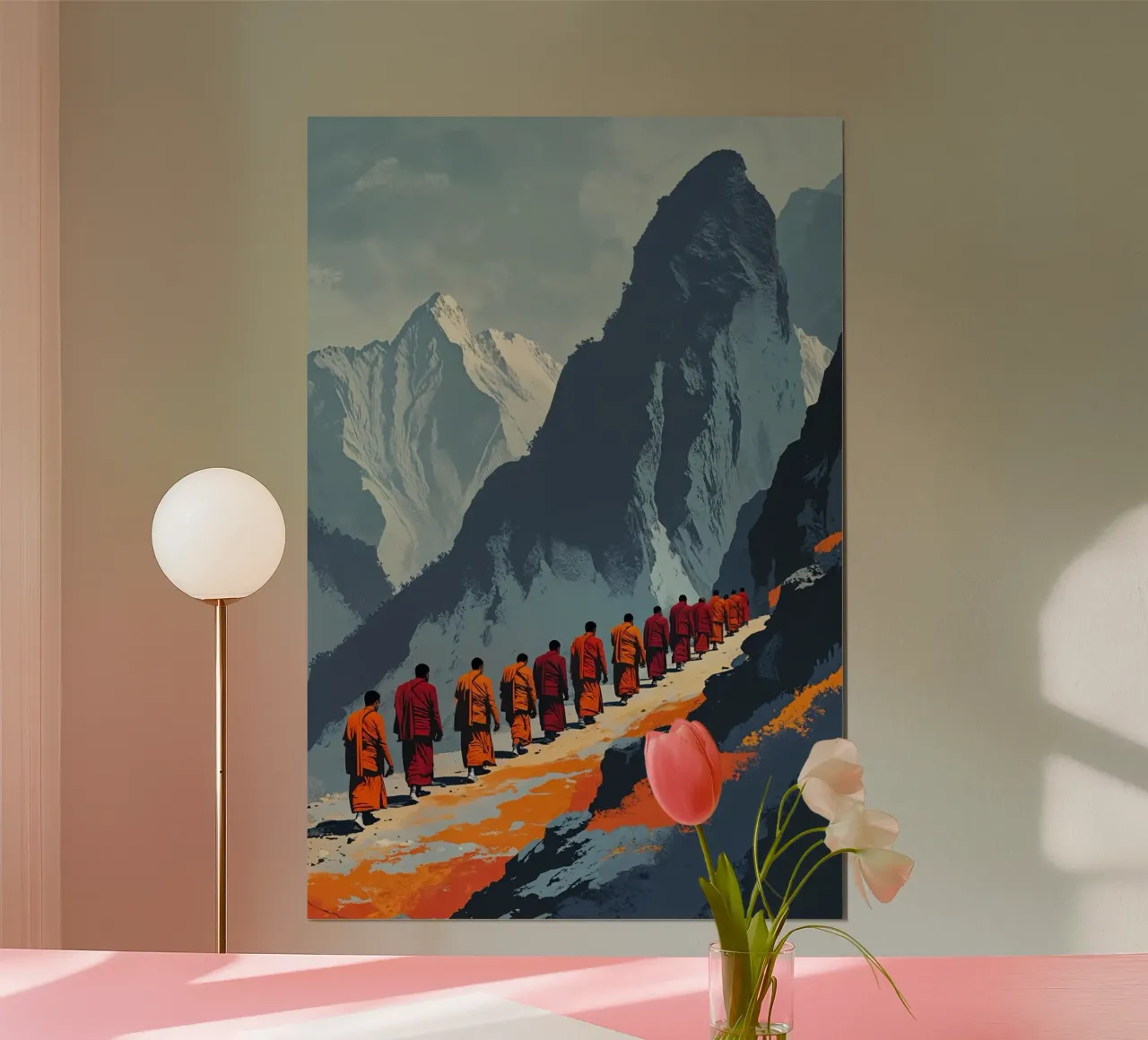 Himalayan Monks in Contemplative Ascent poster con telaio in alluminio da AlbertKlee
