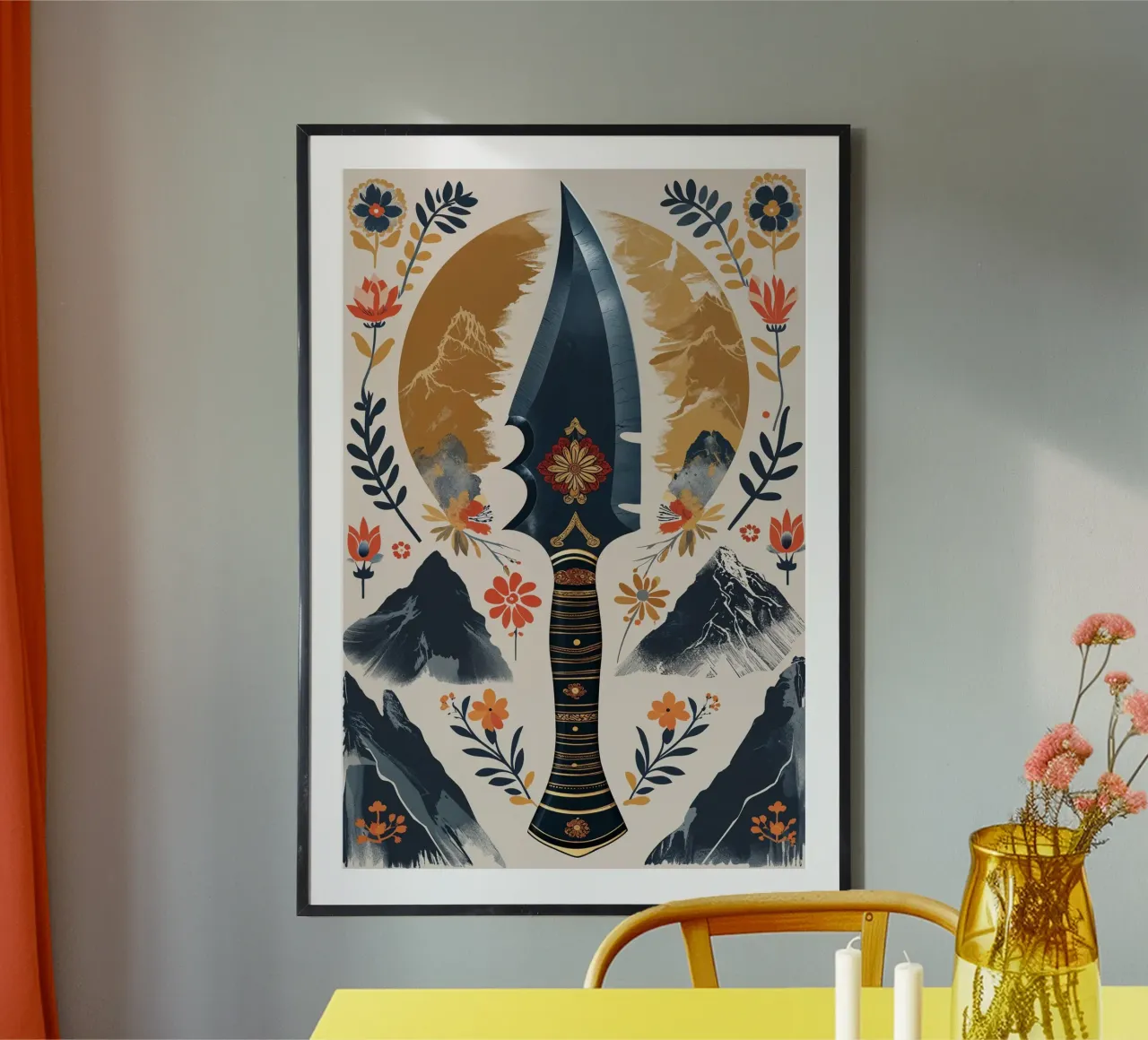 Traditional Nepalese Art: Khukuri and Mountains poster con telaio in plastica da AlbertKlee