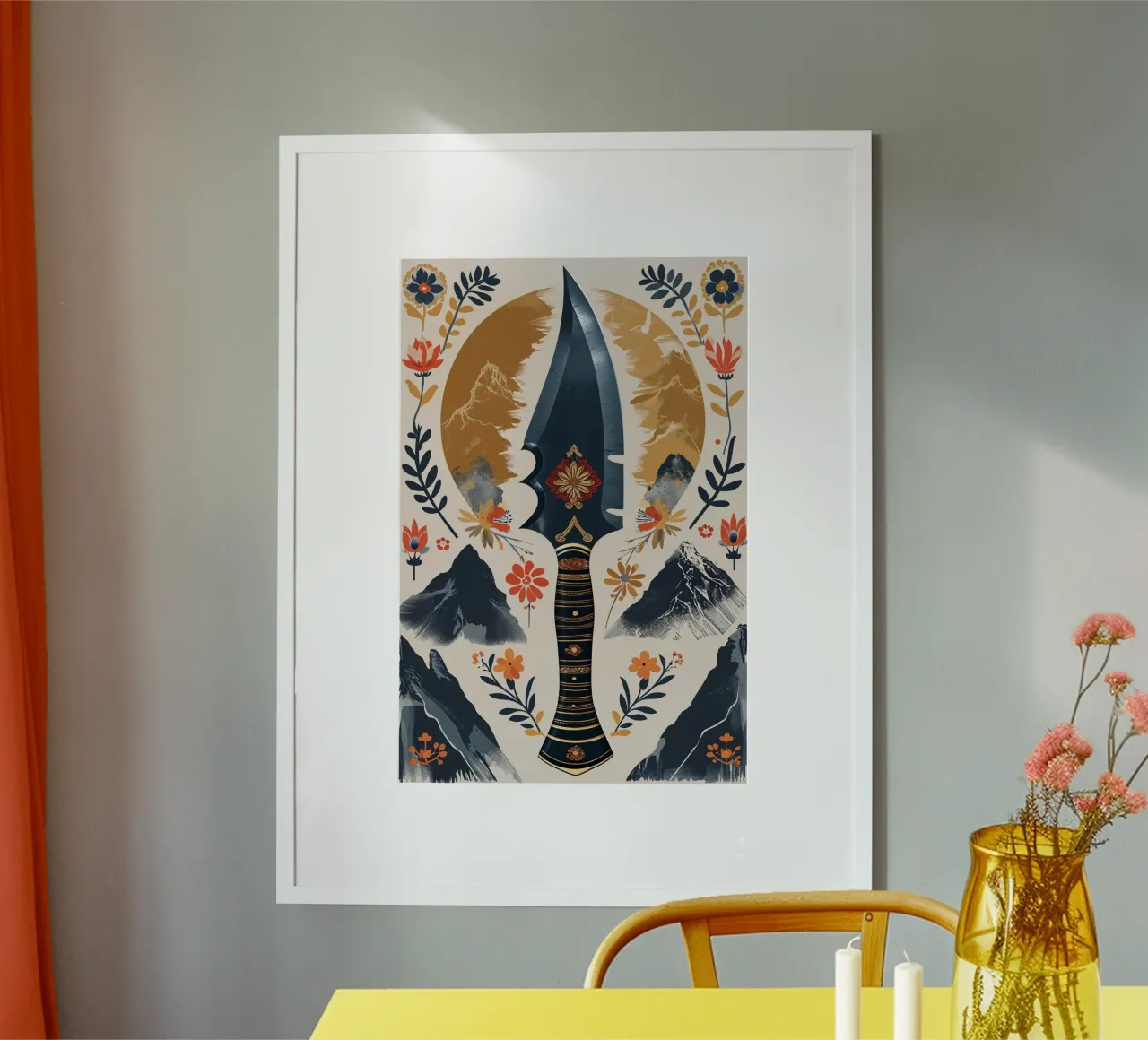 Traditional Nepalese Art: Khukuri and Mountains poster con telaio in plastica da AlbertKlee