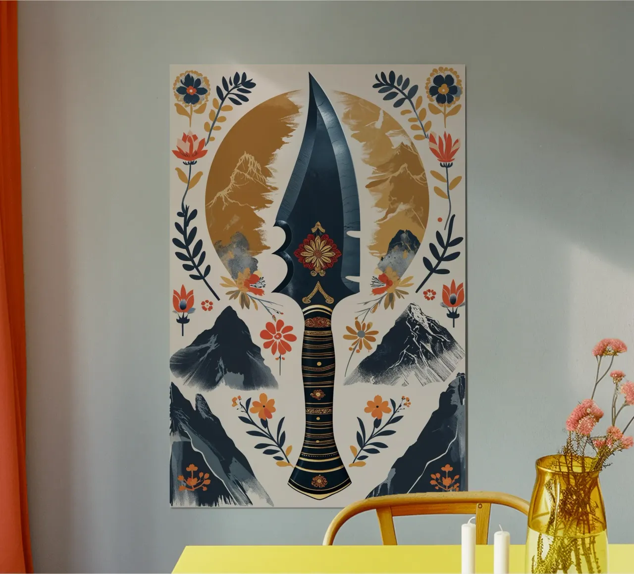 Traditional Nepalese Art: Khukuri and Mountains poster con telaio in plastica da AlbertKlee