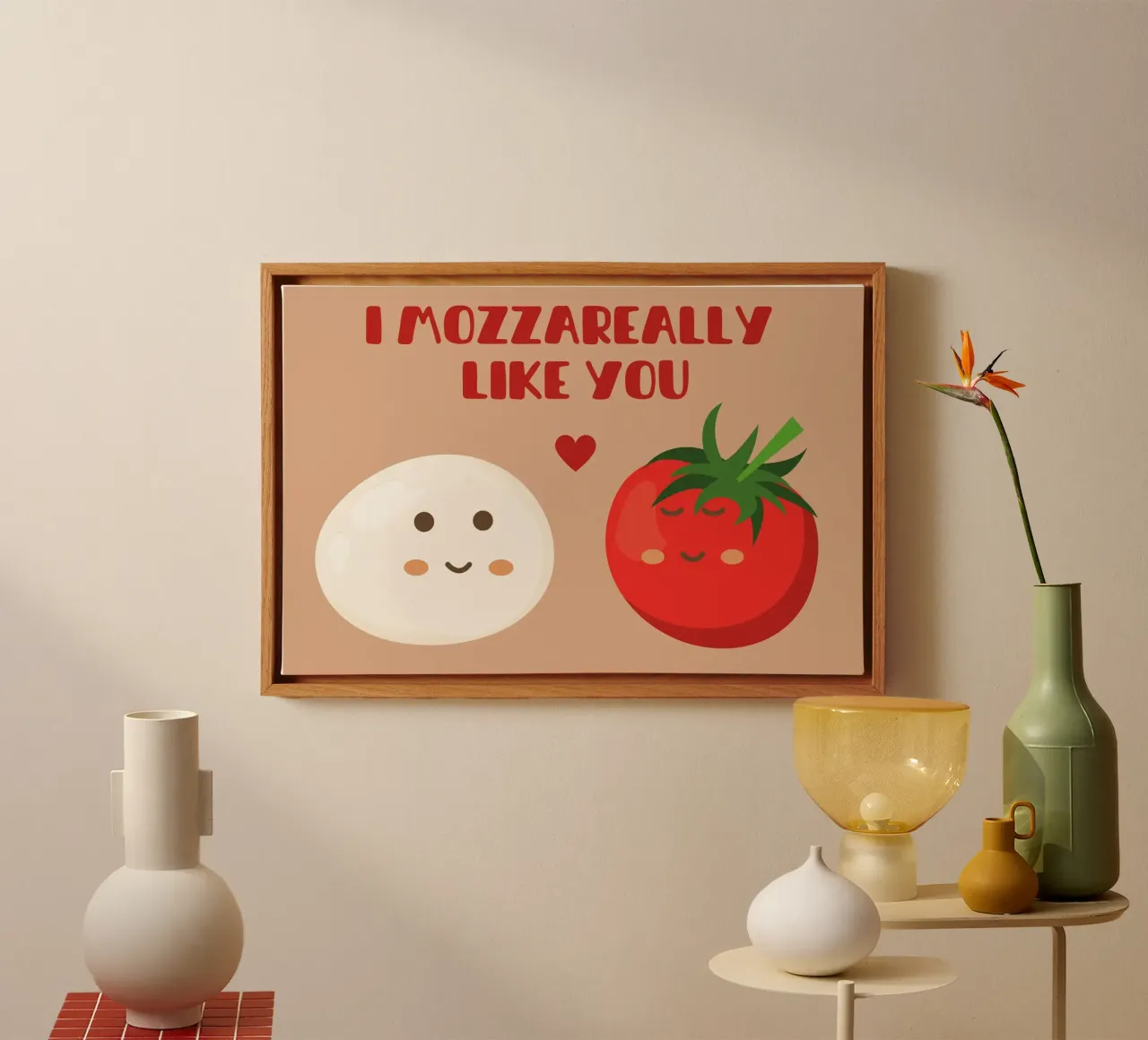 Ik mozzareally like you - leuke & grappige woordspeling over eten canvas met Baklijst van Punderful Day