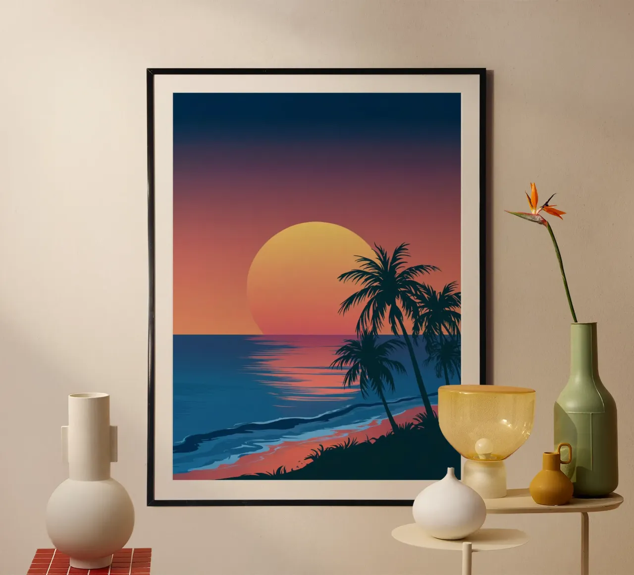 Sunset With Palm Trees poster with wooden frame by logic