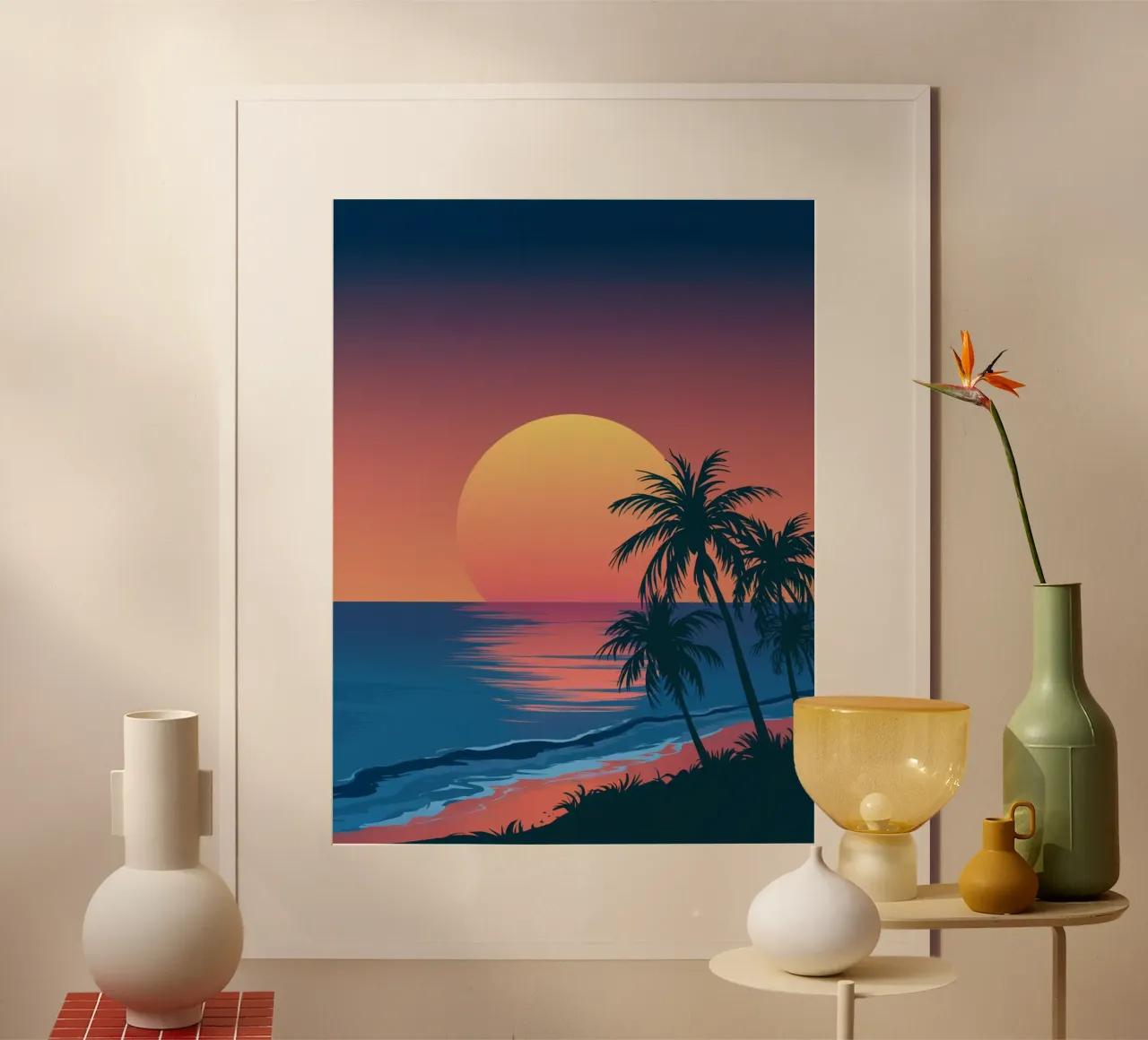 Sunset With Palm Trees poster with wooden frame by logic