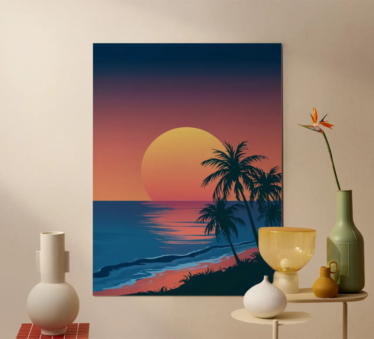 Sunset With Palm Trees poster with wooden frame by logic