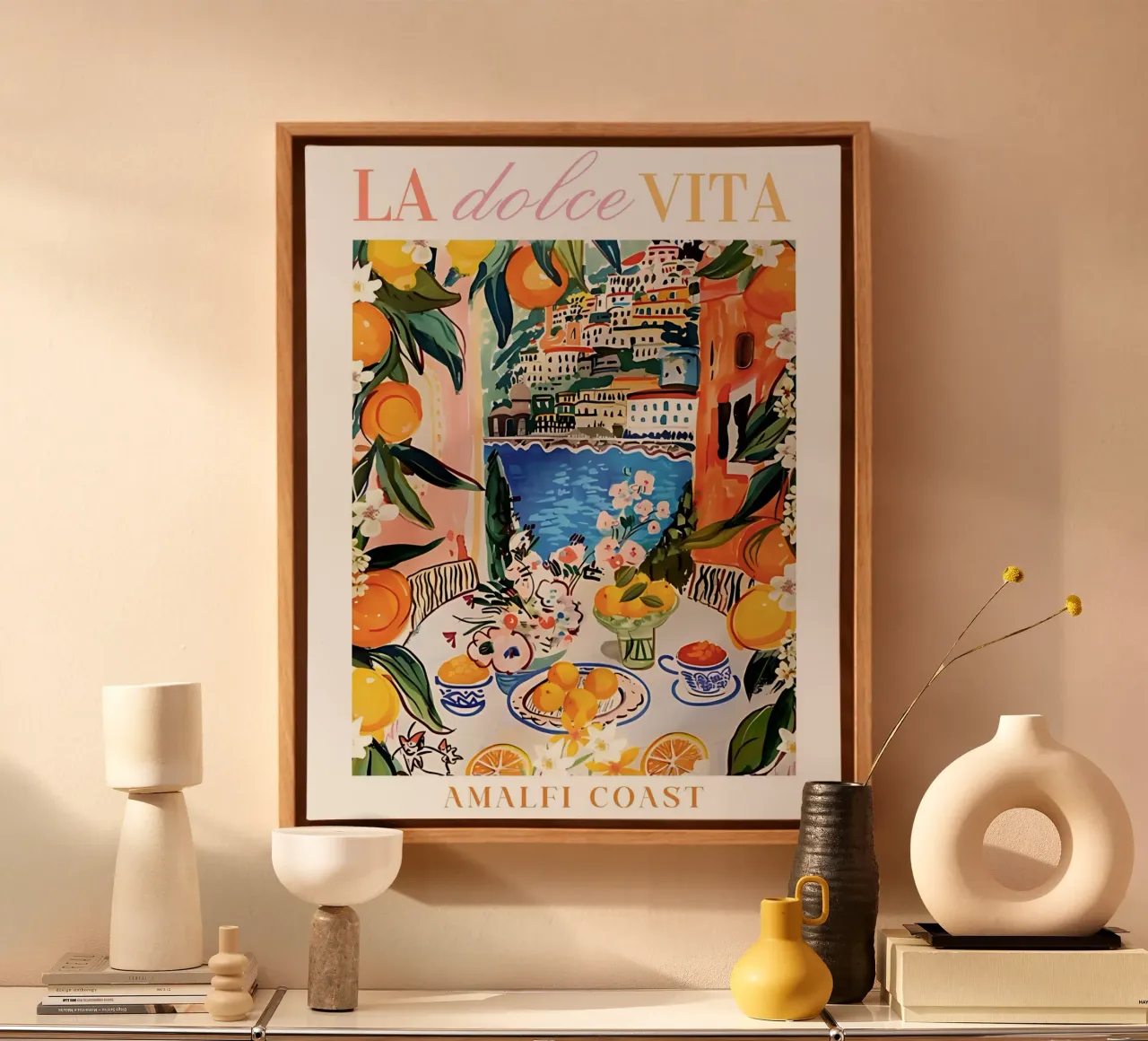 Italië Muurkunst, Amalfikust, aquarel kleurrijke print canvas met Baklijst van Bella Studio