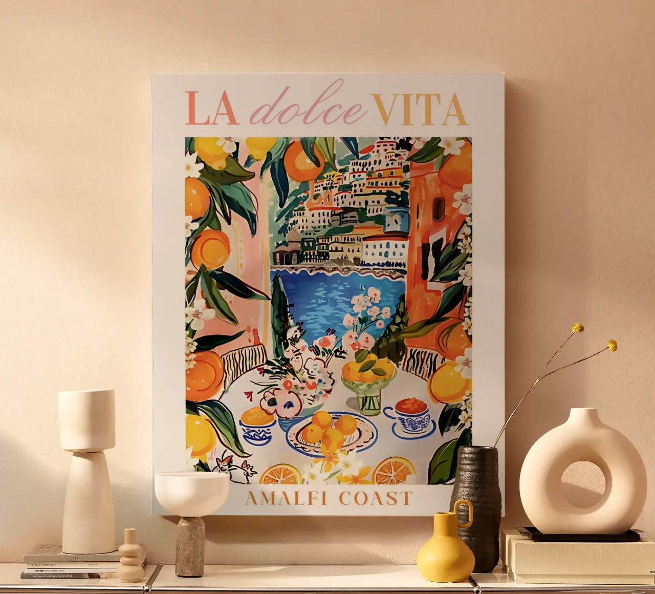 Italië Muurkunst, Amalfikust, aquarel kleurrijke print canvas met Baklijst van Bella Studio